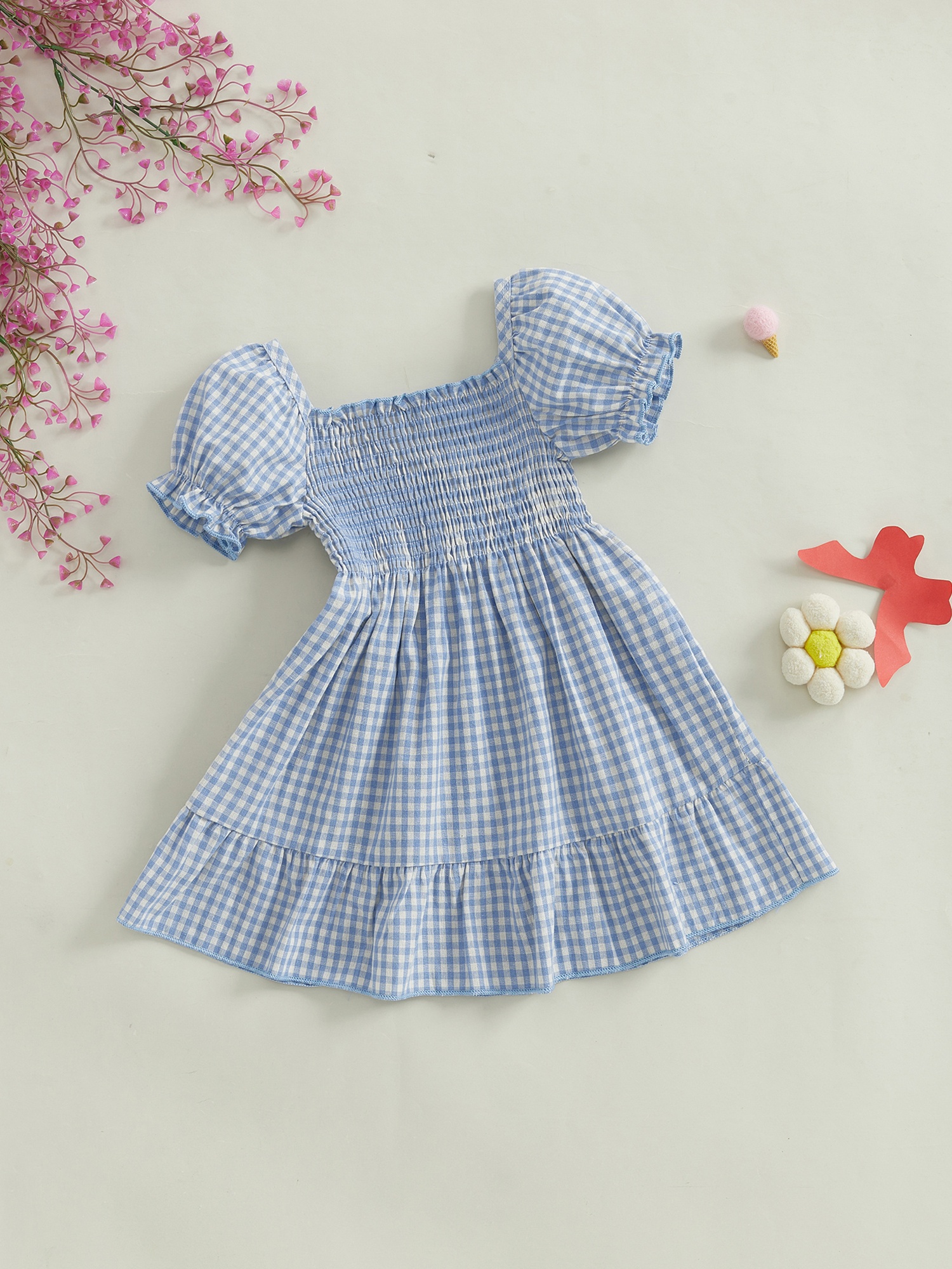 Adorable * Puff Sleeve Dress for Toddler Girls - Light Brown and Beige,  Cotton Blend * Hem * Summer Parties & Travel, Ages 1-4