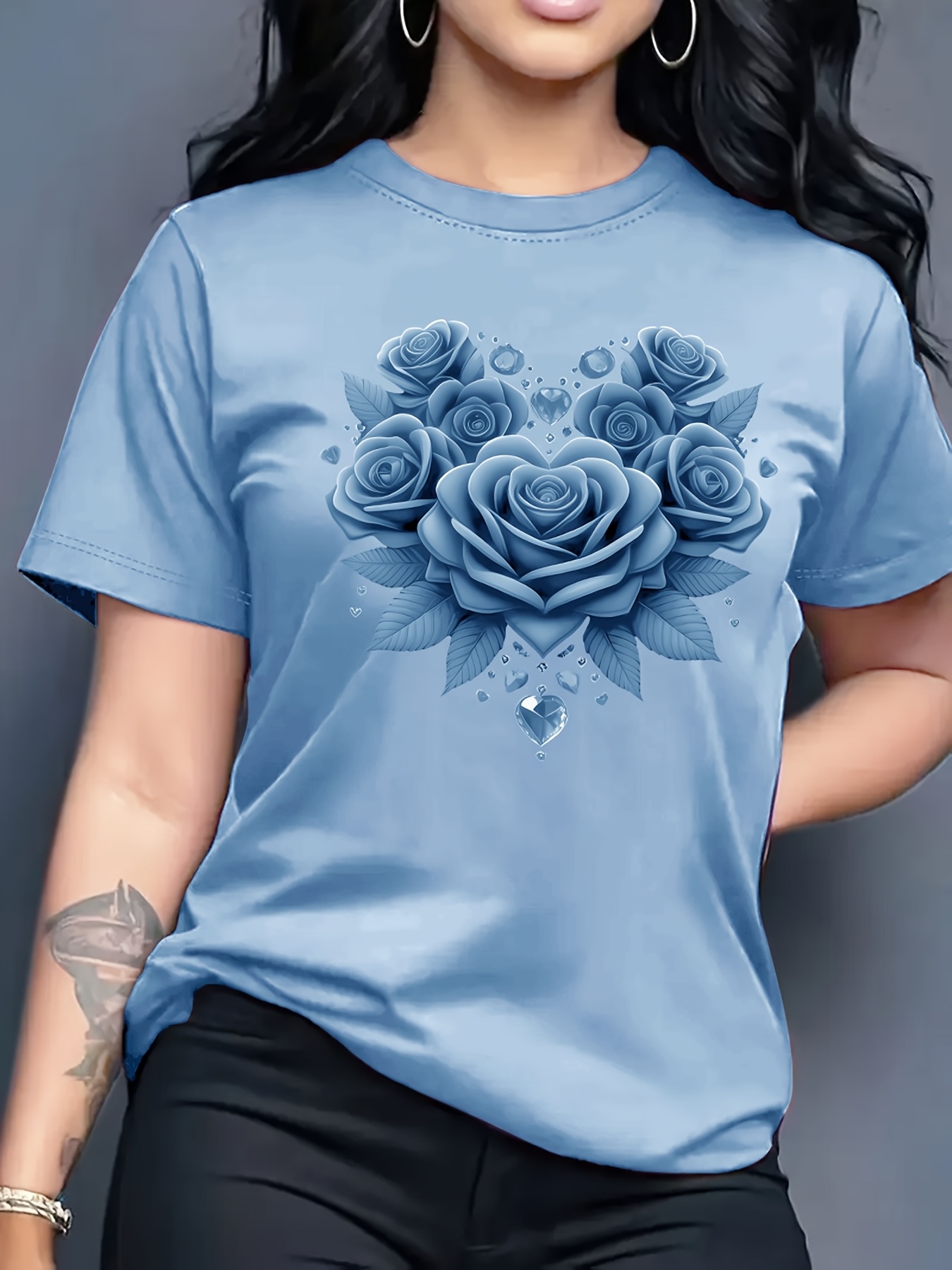 Sky Blue Women'S Casual Crew Neck T-Shirt