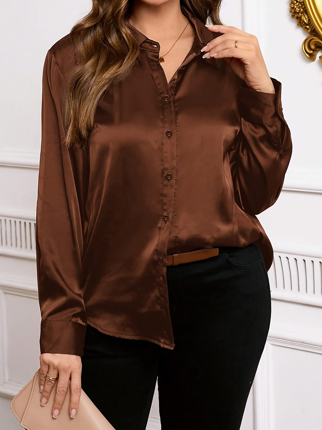 womens plus size navy blue long sleeve shirt casual lapel Temu