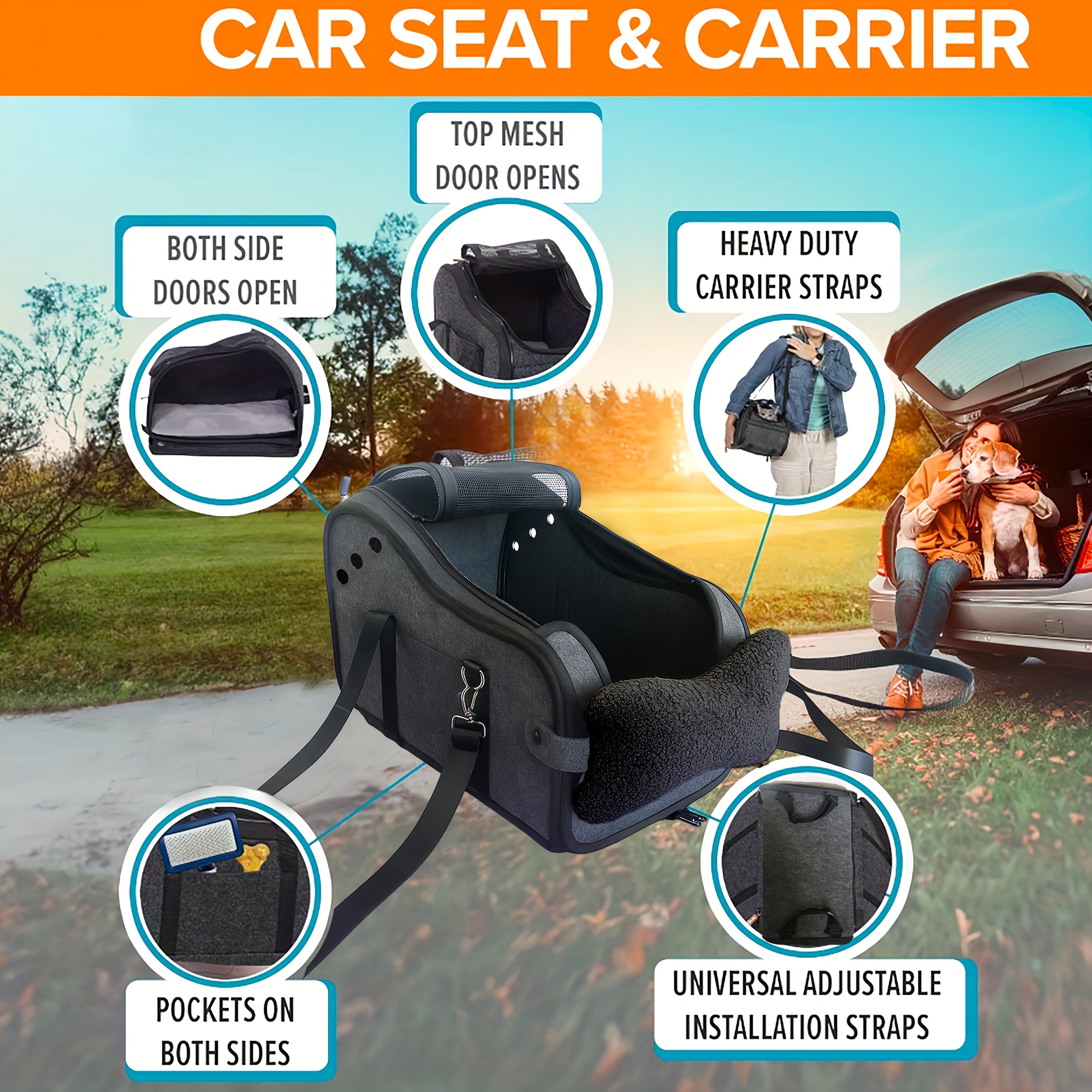 item picture dog car seat travel carrier convertible backpack   along console with touch friendly peek window storage pockets comfortable auto organizer for small medium dogs backseat office plane durable