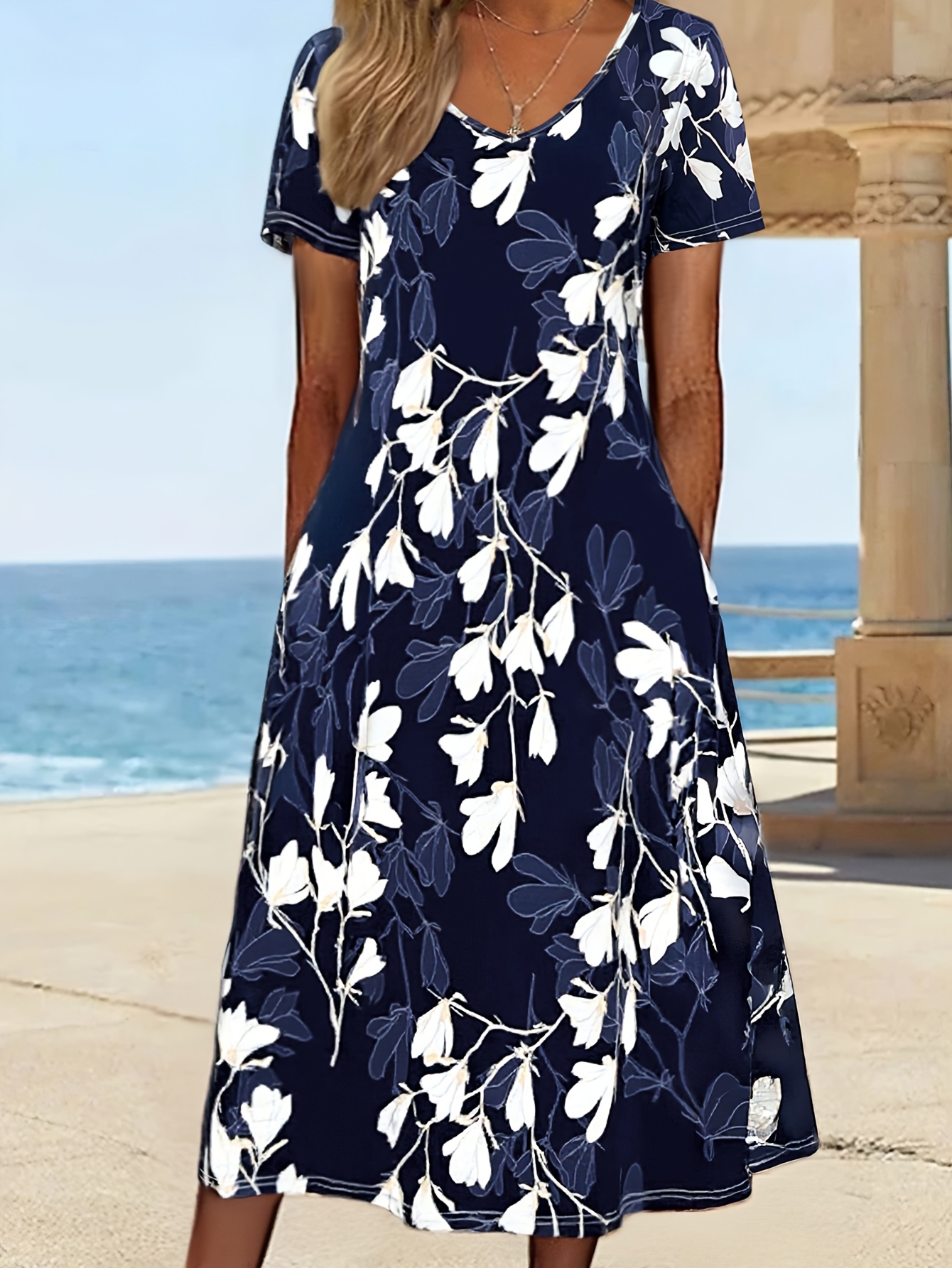 spring summer womens fashion floral print versatile short sleeve dress vacation beach outing   summer dress