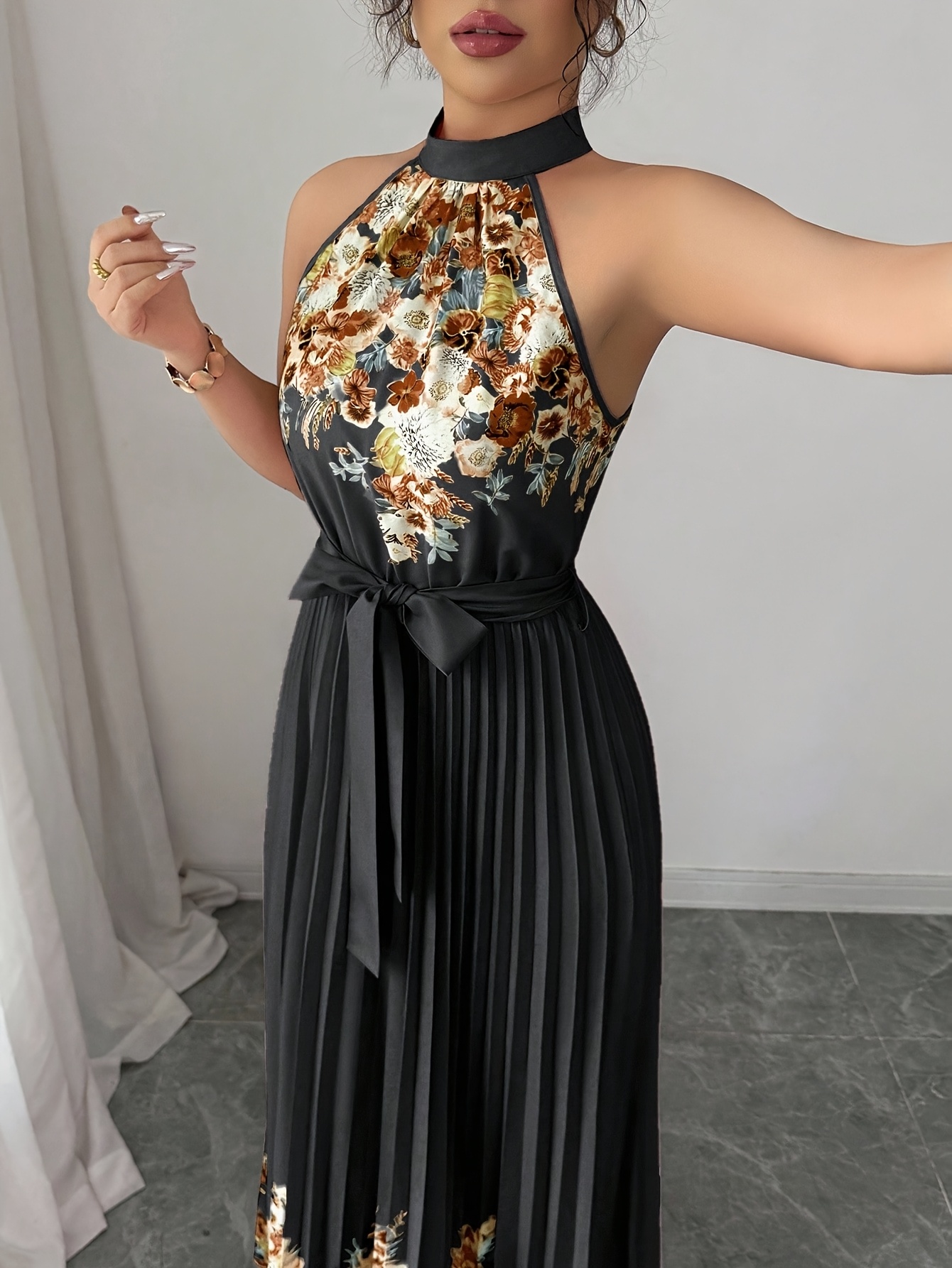 Fashionable New Women'S Summer Halter Floral Print Pleated Dress