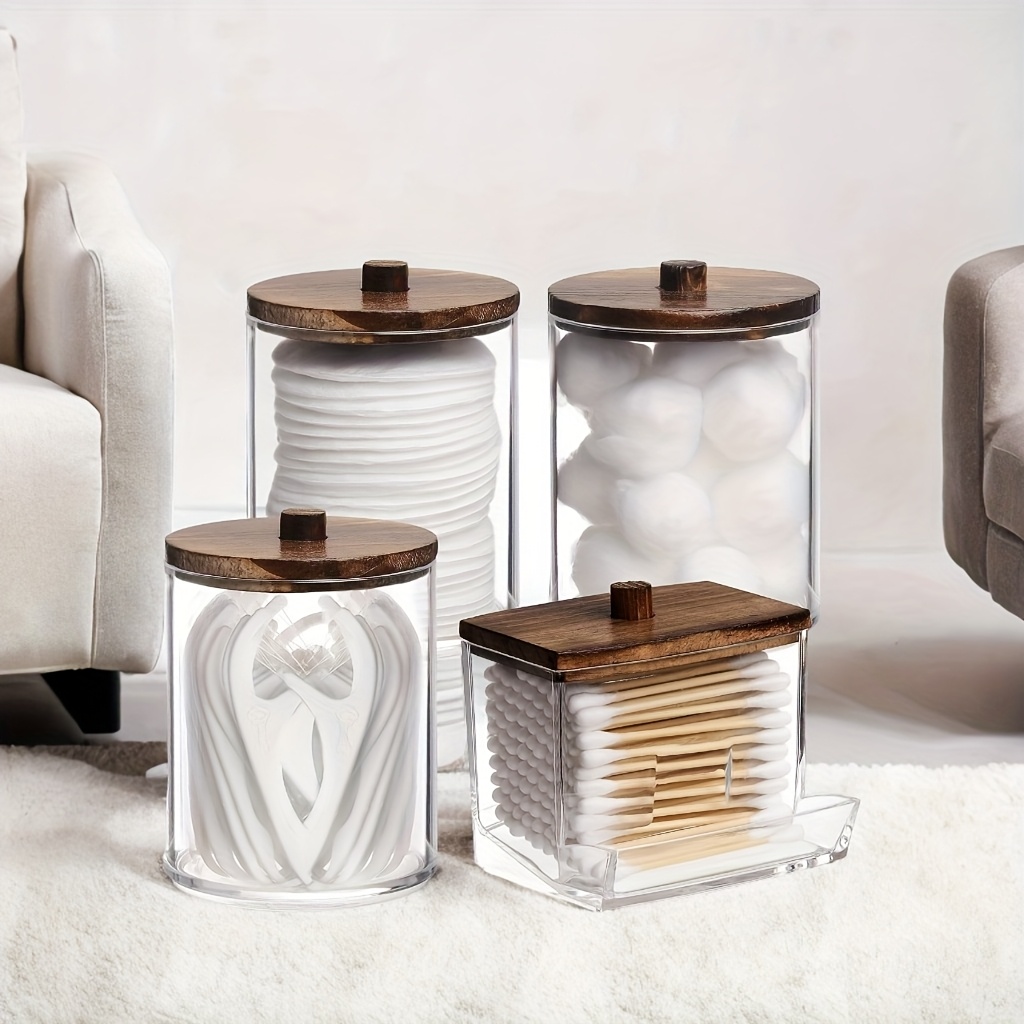 TEMU 8pcs Swab Holder (4 Cups + 4 Lids), Gift Set, Clear Plastic Medicine Jar, Organizer, Storage Jar, Acrylic, For Bathroom Organizer And Storage Container (bamboo Lid)