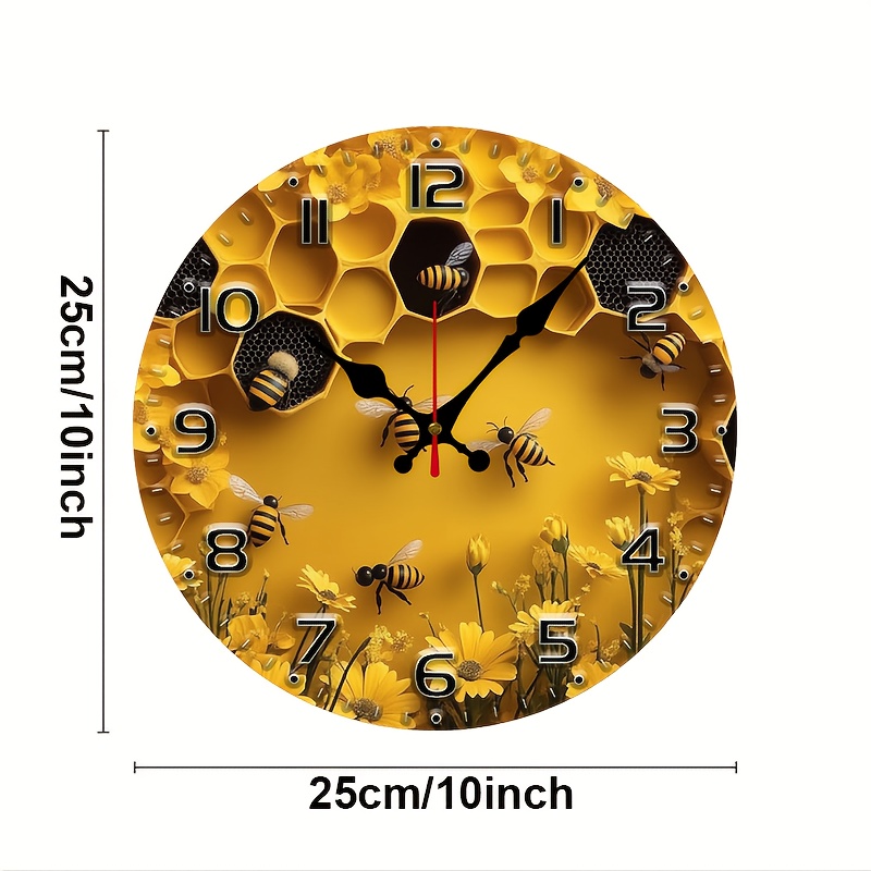 E-shop Honigbienen-Party-Hintergrund 10 Zoll Holzfurnier Runde Leise Flache Uhr im europäischen amerikanischen Stil - Batterien nicht enthalten -