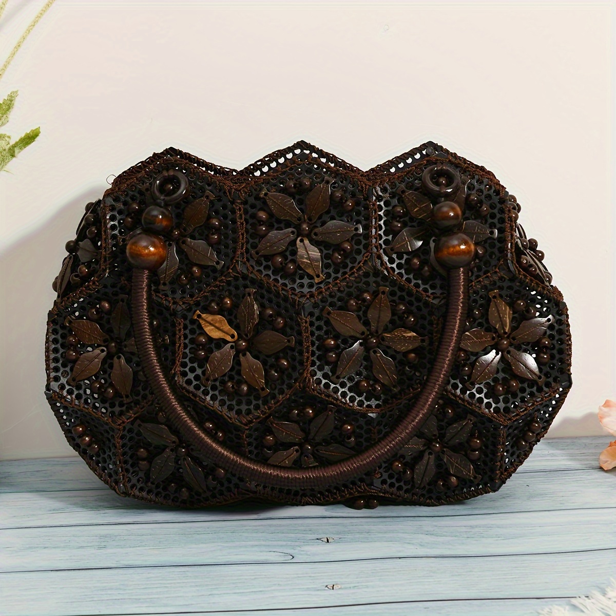 [Bohemian Clutch Bag] Handcrafted Coconut Shell Bohemian Clutch Bag | Vintage Ethnic Style, Deep Brown Geometric Design with Zipper Closure, Intricate Bead and Leaf Motifs, Perfect for Casual or Formal Occasions