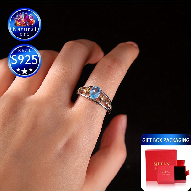 S925 Silver Topaz Ring Adjustable Openwork Hollow Out Gift Boxed