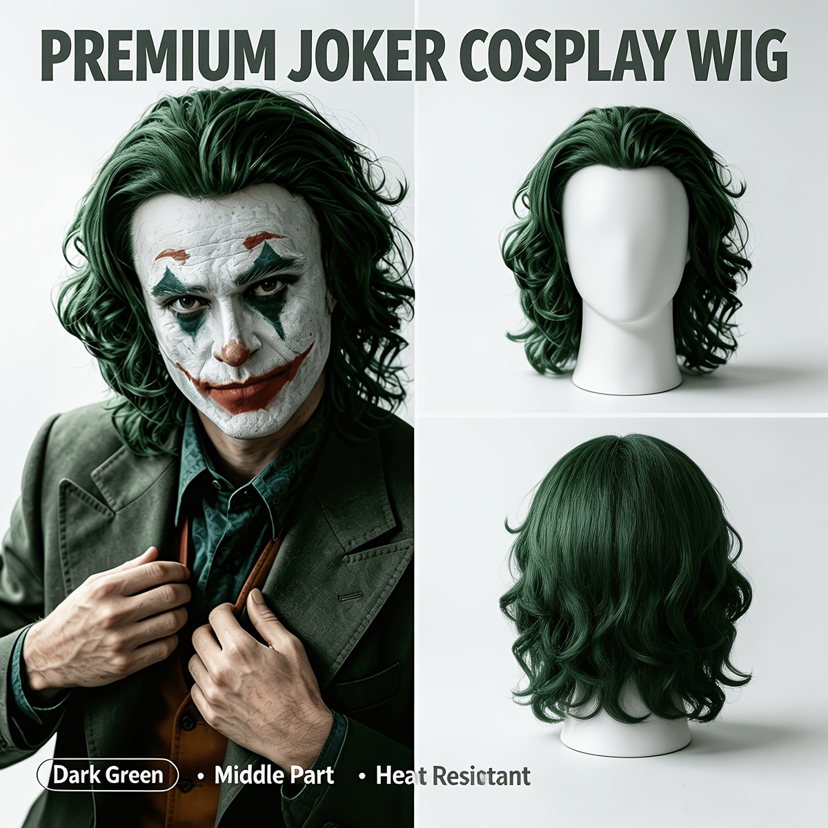 TEMU 16 Inch Dark Green Wig Suitable For Halloween Cosplay - Heat Resistant Adjustable Mesh Wig With Curly Wavy Hair For, Themed Parties, Costume