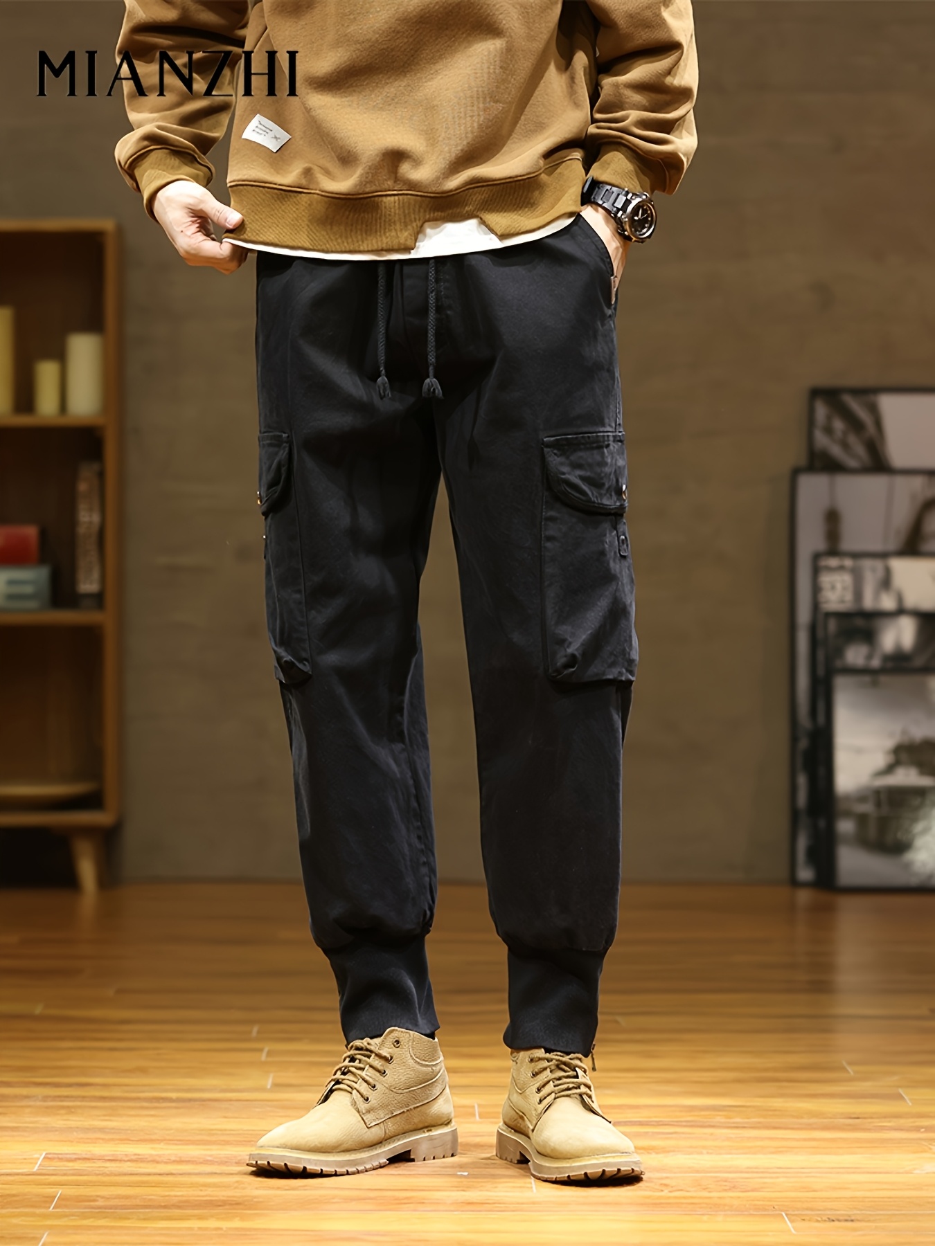   Men S Casual Cargo Pants - 2025  , Elastic Waist with Drawstring, Multi-Pocket Durable Straight Leg, Beige & Dark Green,   Beach & Outdoor Activities, Beach Pants, Comfortable Clothing