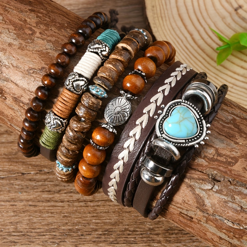 Image of Coconut Bead Faux Leather 6pcs Set, Unisex, Couple Set, Gift, For Teenager, For Teenager
