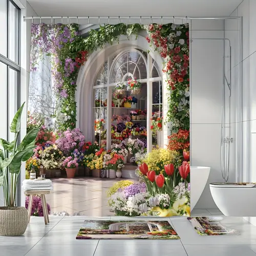 4pcs spring floral shower curtain with multiple hooks decorative bathroom set barrier shower curtain non slip floor mat toilet u mat toilet cover mat bedroom decor home decor bathroom decor accessories perfect gift
