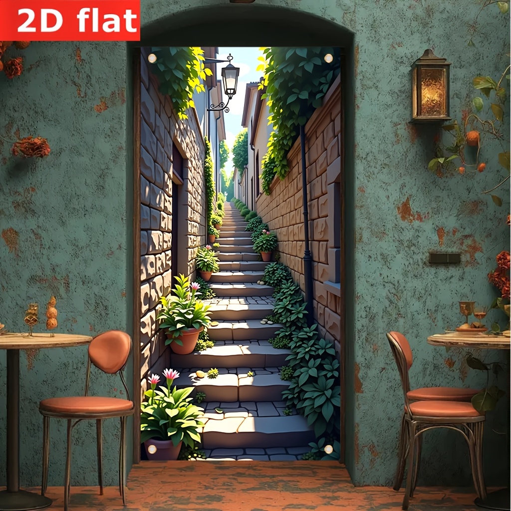 E-shop [2D Türvorhang] Ein Treppenstufen-Set, das zu einem Gebäude führt, Kunststoff-Türvorhang aus Polyesterfaser, 35*71 Zoll, für den Innen- und