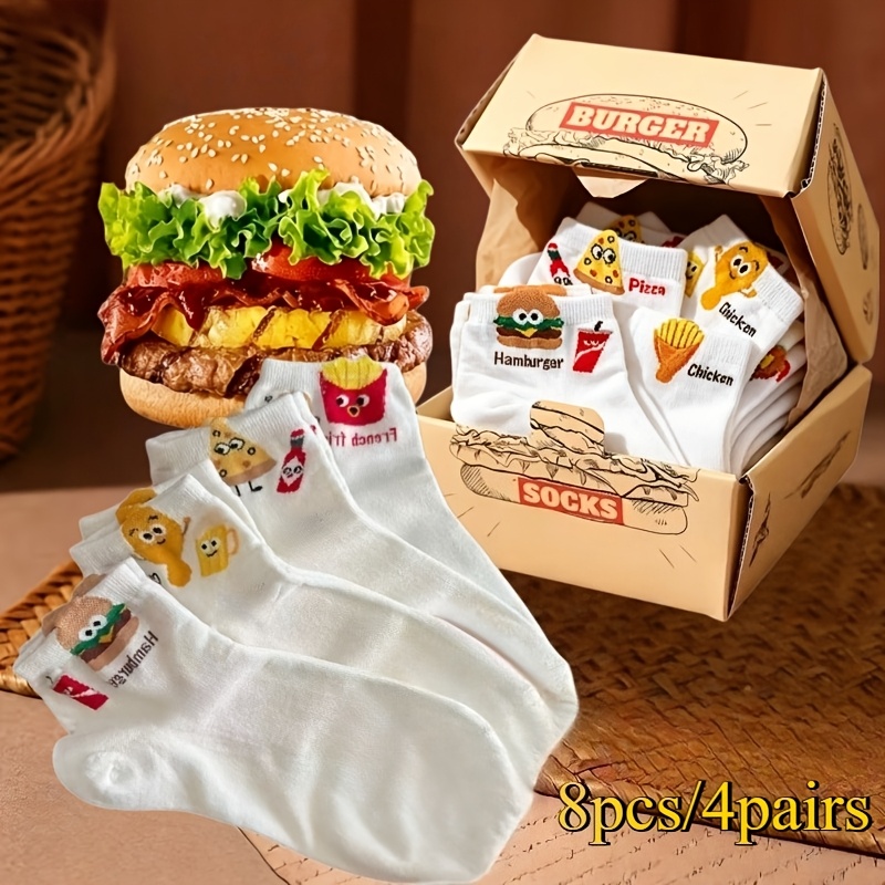 E-shop 8 Stück/4 Paar kreative Hamburger-Knöchelsocken, Unisex, weiche neuartige Burger-Socken, skurriles, von Essen inspiriertes Design, bequem