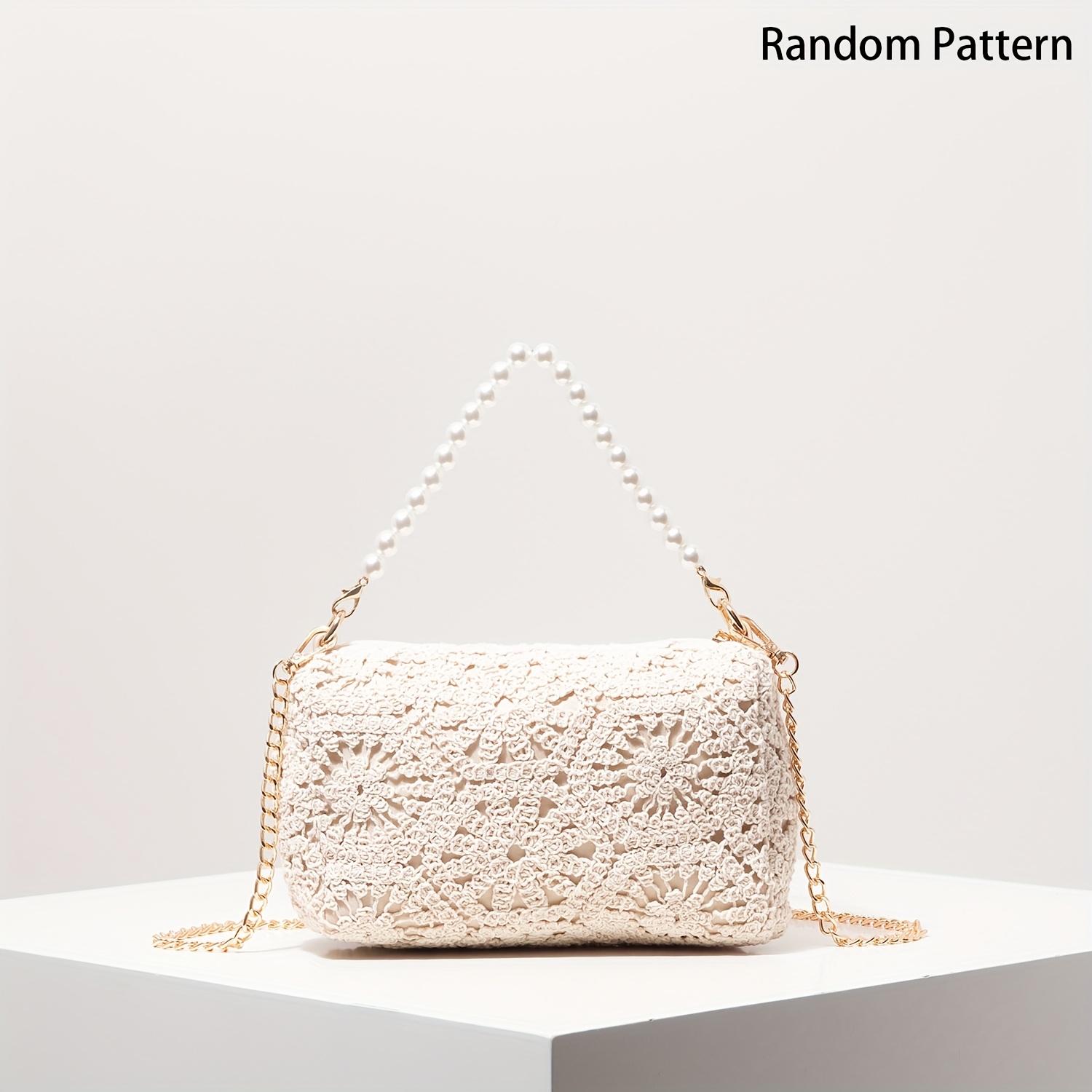 Image of Pattern Hollow Woven Shoulder Bag, Metal Chain Crossbody Bag, Artificial Pearl Women's Handbag And Wallet, Elegant Evening Bag, Holiday Party Dress, Party Bag, Bohemian Beach Wallet (random Pattern)