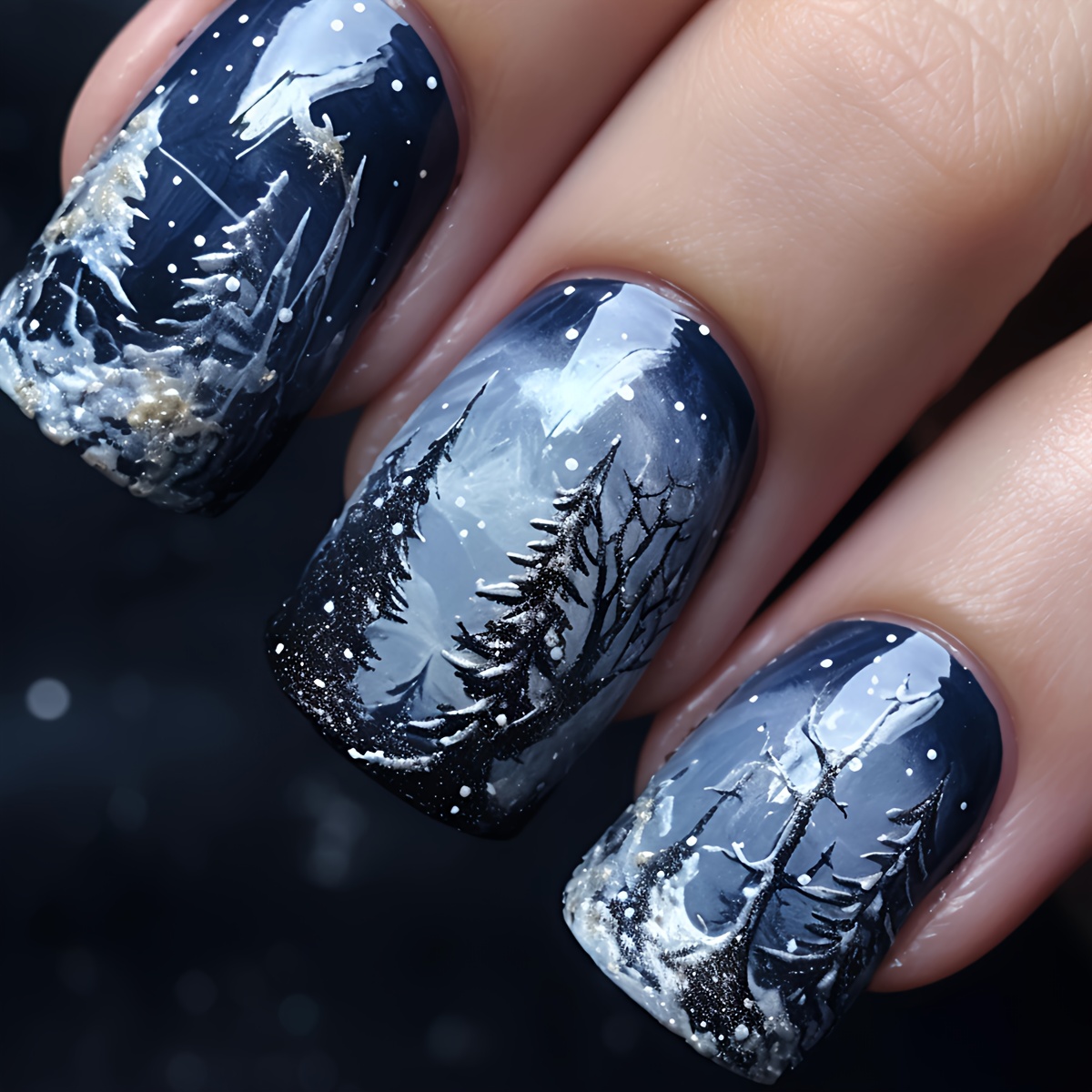 Image of Christmas-themed Short Glossy Fake Nails With Snowflakes And Trees, Removable Square Nail Tips, Perfect For Festive Occasions And Everyday Wear, Packaged In A Box