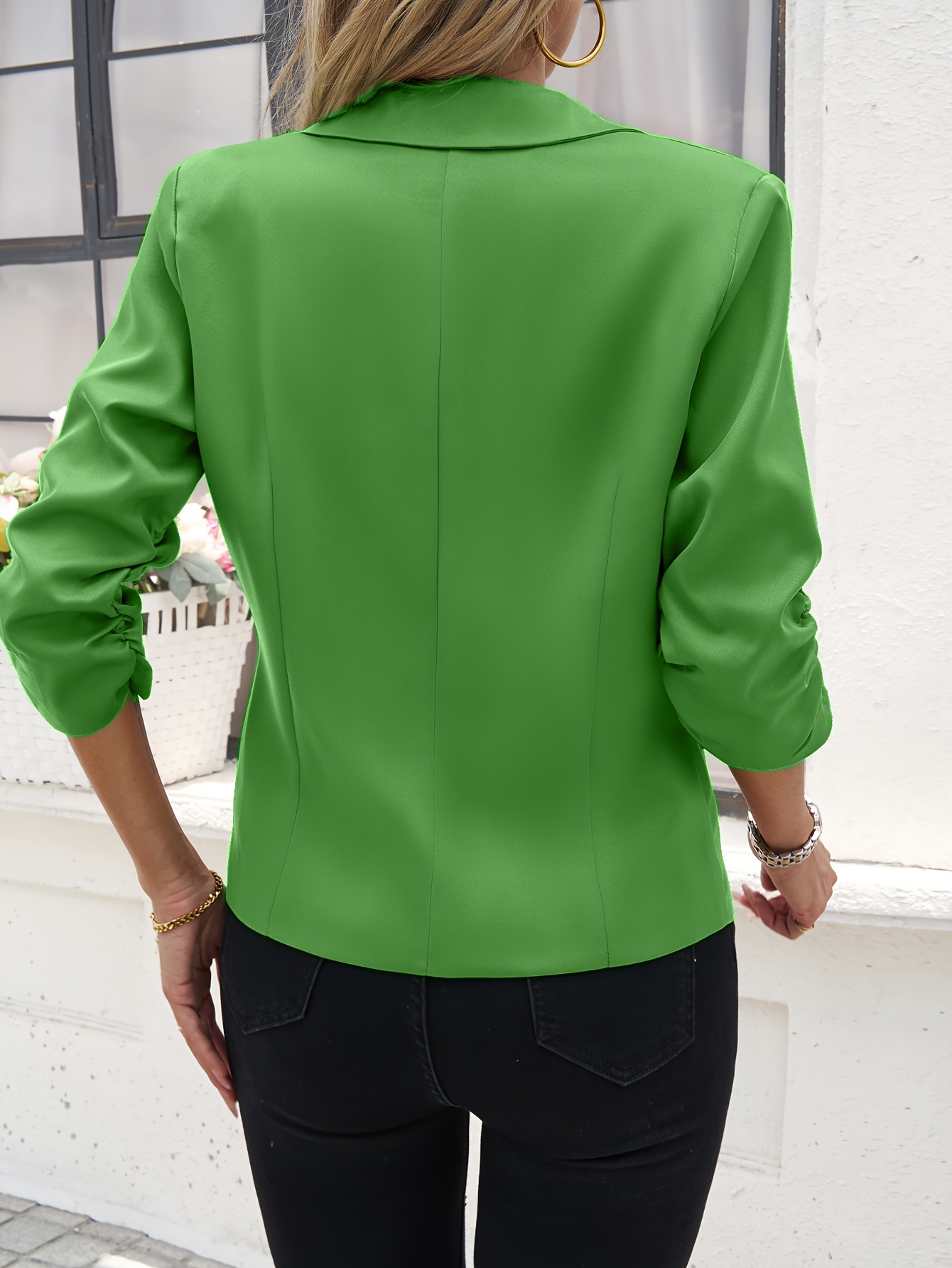 Women's Light Beige Casual Blazer - Open Front, 3/4 Sleeve, Polyester, Machine Washable, X-Shaped Silhouette, Perfect for Spring & Fall