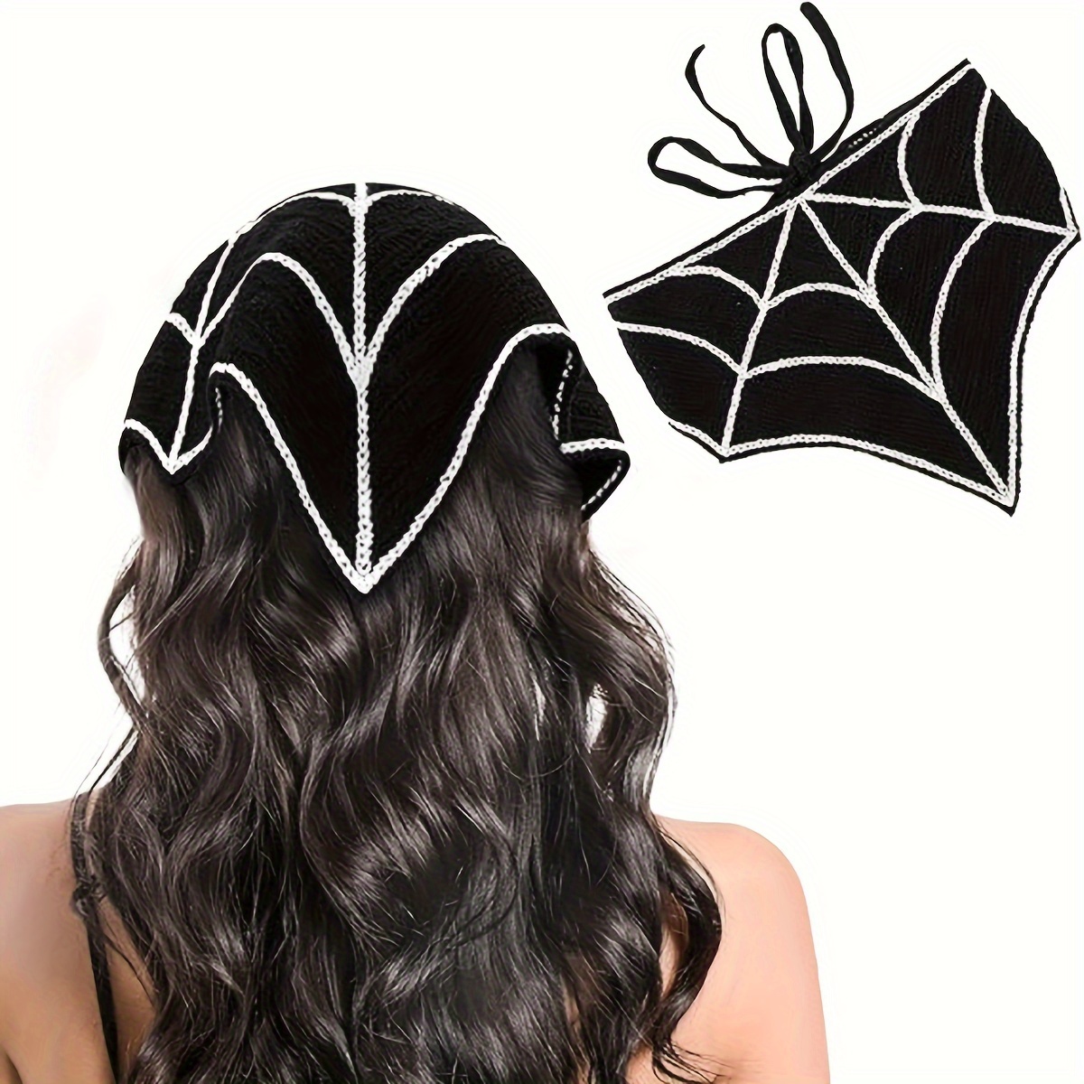TEMU Vintage Elegant Spider Web Triangle Headscarf - 1pc Knitted Crochet Polyester Headband, Animal Print, Halloween Themed Hair Accessory For Daily