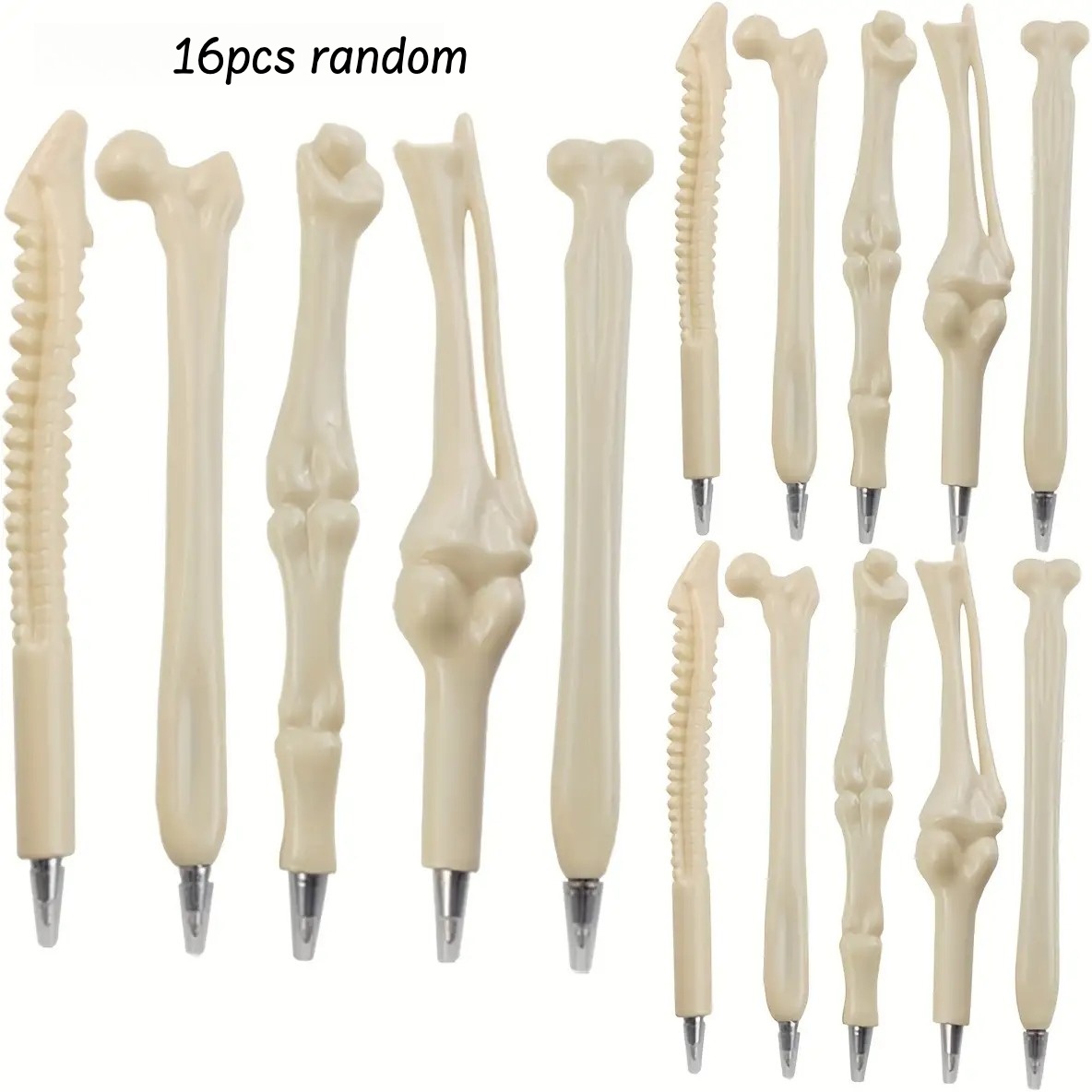TEMU Random 16pcs Assorted Pattern Bone Pens, Creative And Realistic Bone-shaped Ballpoint Pens, Finger Ballpoint Pen Design, Unisex Gel Pens, Metal