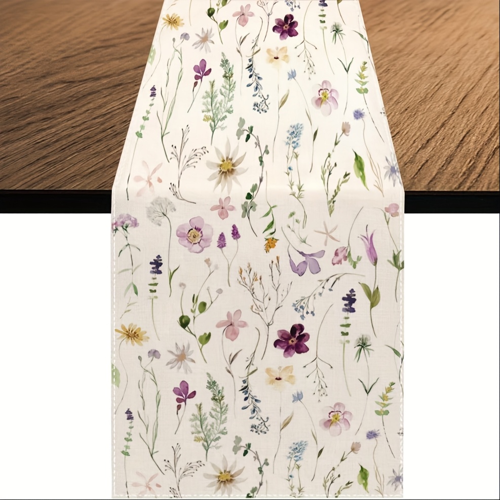 1pc, Linen, Watercolor Table Runner, Spring Summer Purple Flowers Dining Table Decoration For Home Party Decor 13x48/13x72/13x108/inch