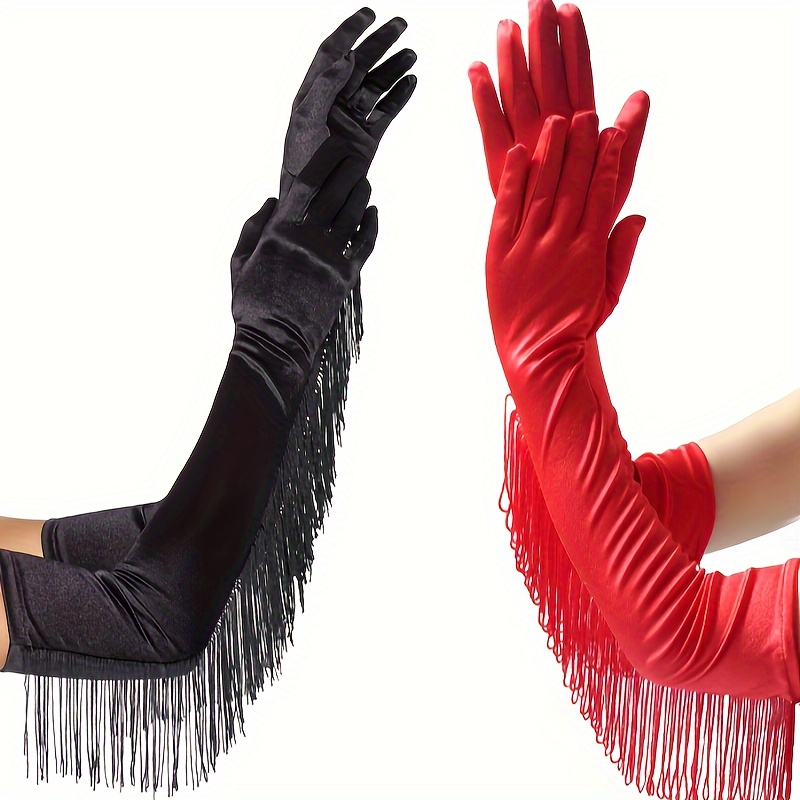 TEMU 1 Pair Of New Long Fringe Satin Gloves, Latin Gloves, Satin Fringe Bridal Gloves