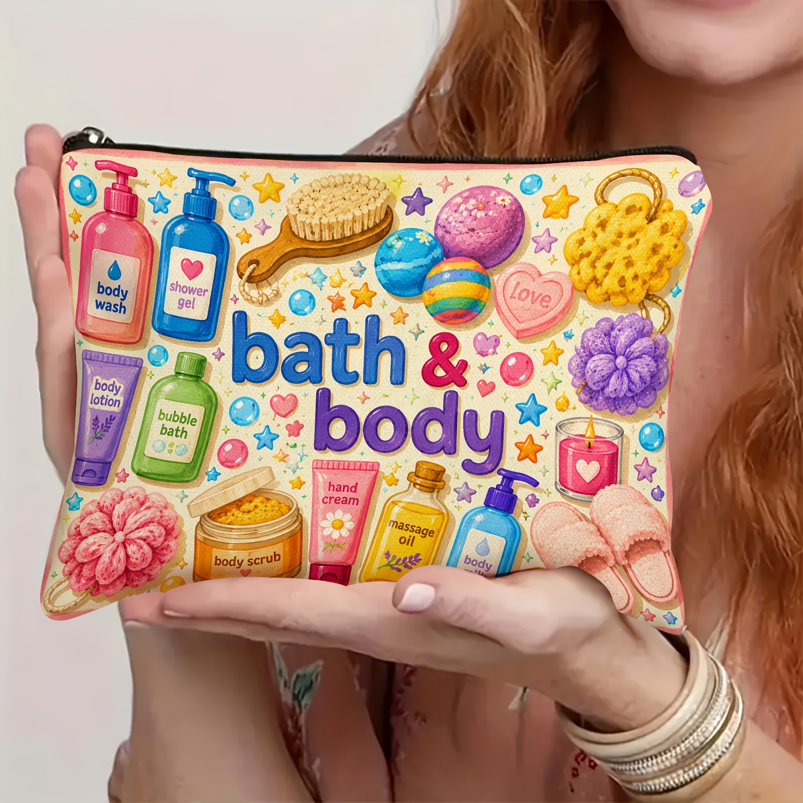 TEMU This Bath And Makeup Bag Features Printed Bath Sponge Slippers And Toiletries. A Lightweight Travel Makeup Bag With A Closure, This Portable
