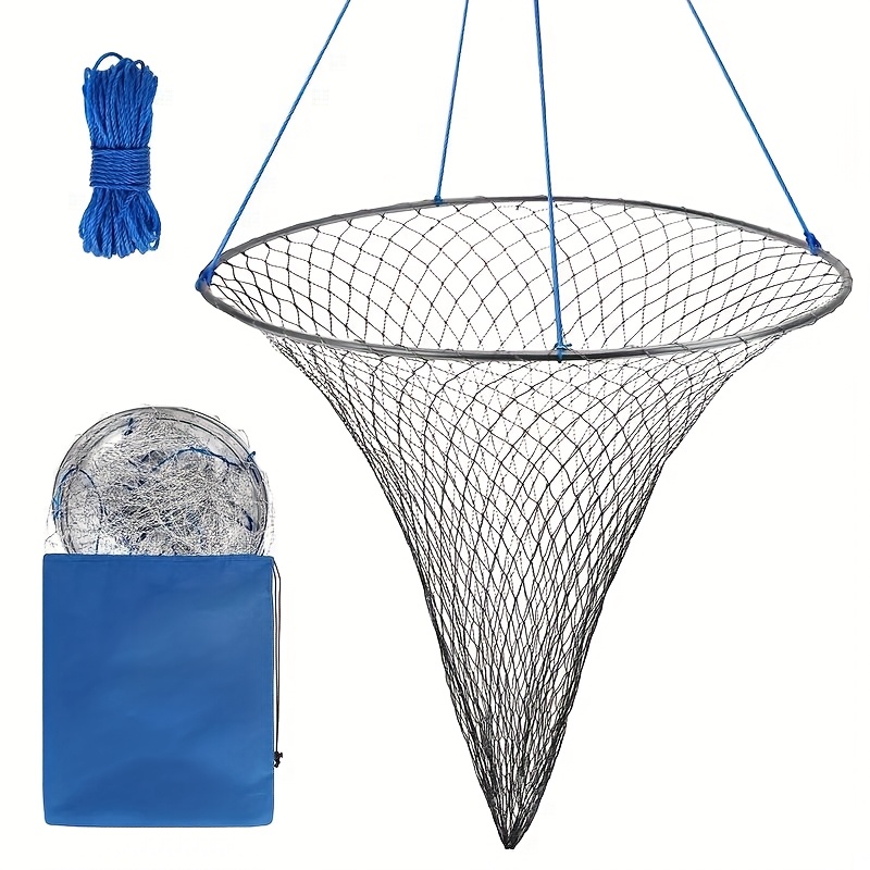 TEMU 1 Set Stainless Steel Collapsible With Rope - Heavy-duty Boat & Dock Landing Net For Freshwater Saltwater Fishing, , With Mesh & Blue Ropes, Includes Carry Bag