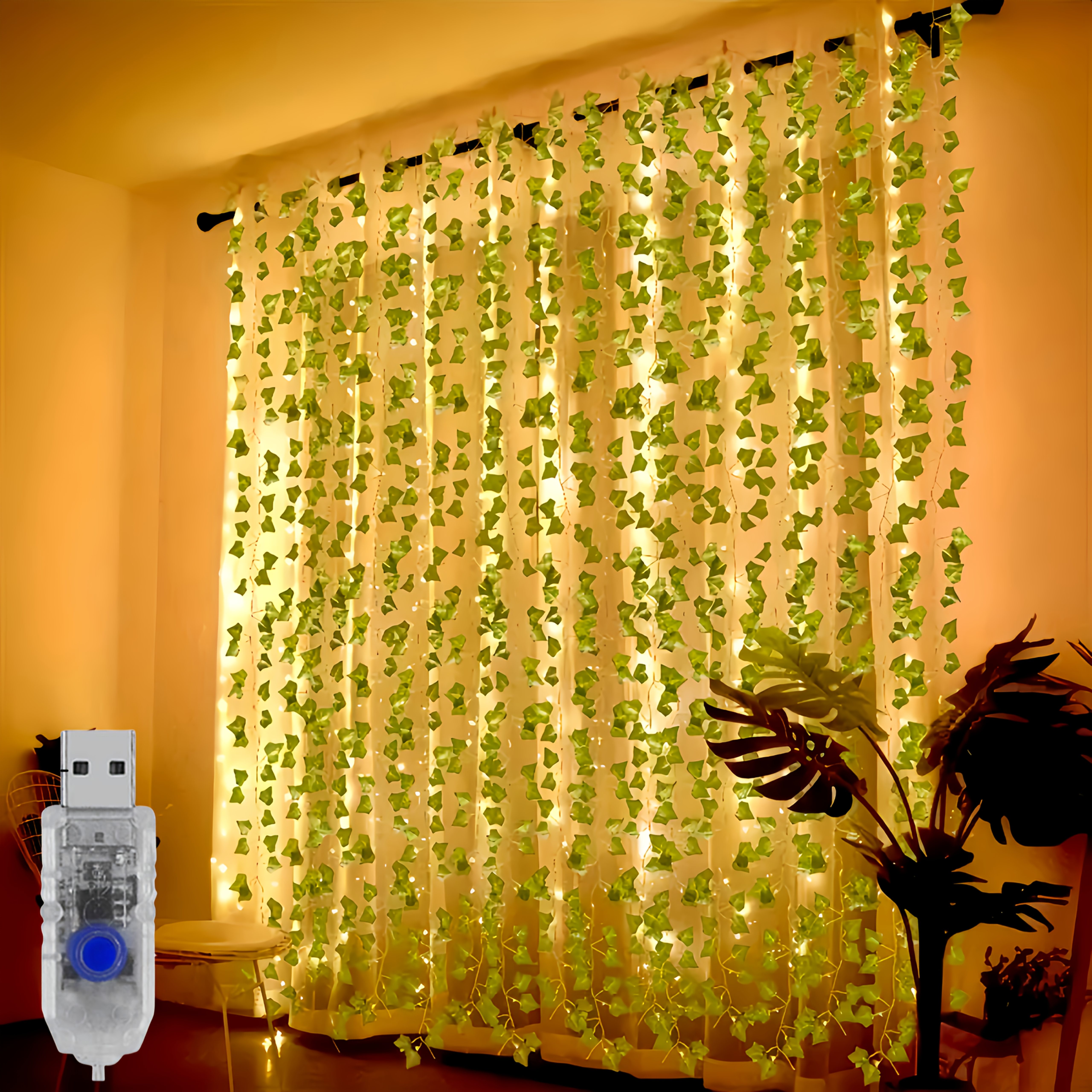 Knstliche Efeu-Lichterkette, knstliche Pflanzen, getrocknete Blumen,  Weinbltter, Vorhanglichter, 3X1M/9.84X3.28Ft, 8 * 100 LED Lichterkette  Blatt Wandbehang Falsche Bltter Grne Girlande Hngende ...