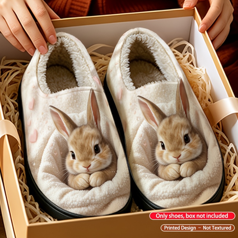TEMU Women's Warm Pack-heel Slippers, Autumn/winter Plush-lined Shoes, Cute Bunny Animal, Soft Nest -up Sweetheart Adorable Print, Fashionable And
