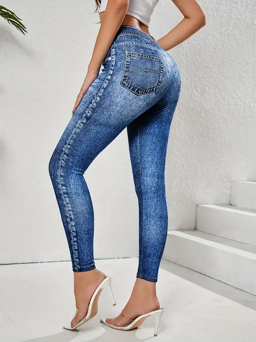 denim new womens fashion casual trendy comfortable breathable high waisted stretchy blue denim like printed leggings for daily commuting enhancing the hips and waist womens base layer pants fitted leggings for