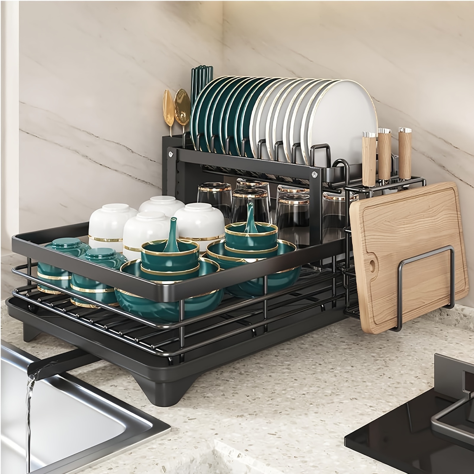 TEMU 2-tier Dish Drying Rack, Large Dish Drying Rack With Set, Dish Racks For Kitchen Counter