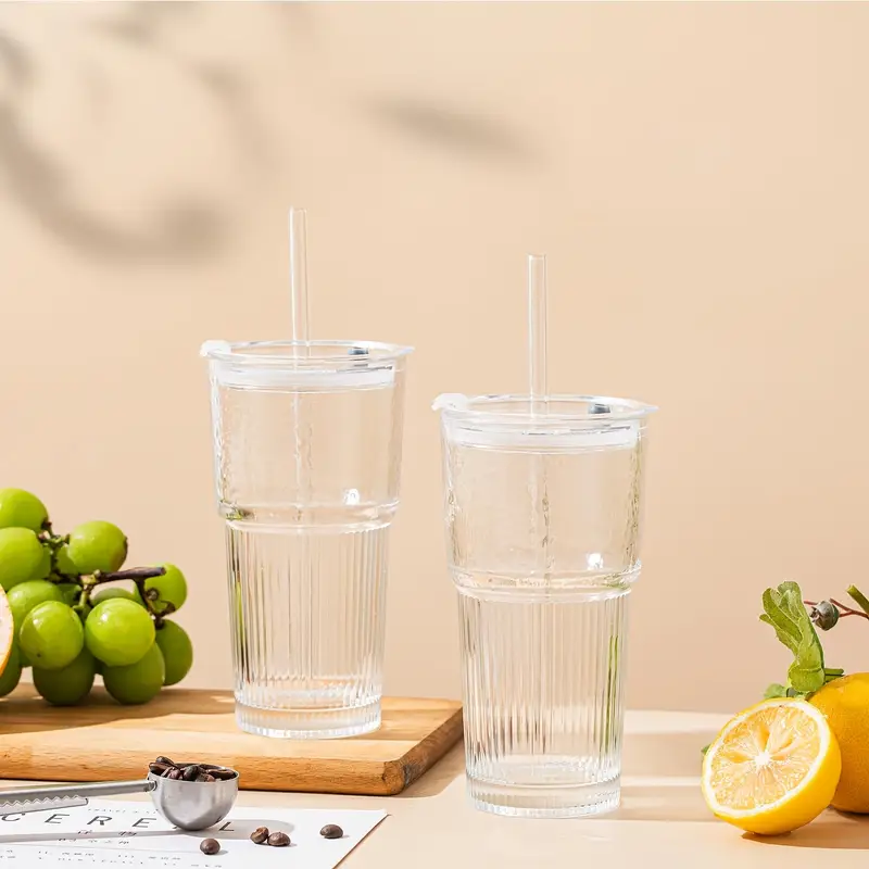 glasses with lid and straw set of 4 stylish ribbed design drinking cups for iced coffee cups juices smoothies cold drinks cleaning brushes included durable glassware Product details 1