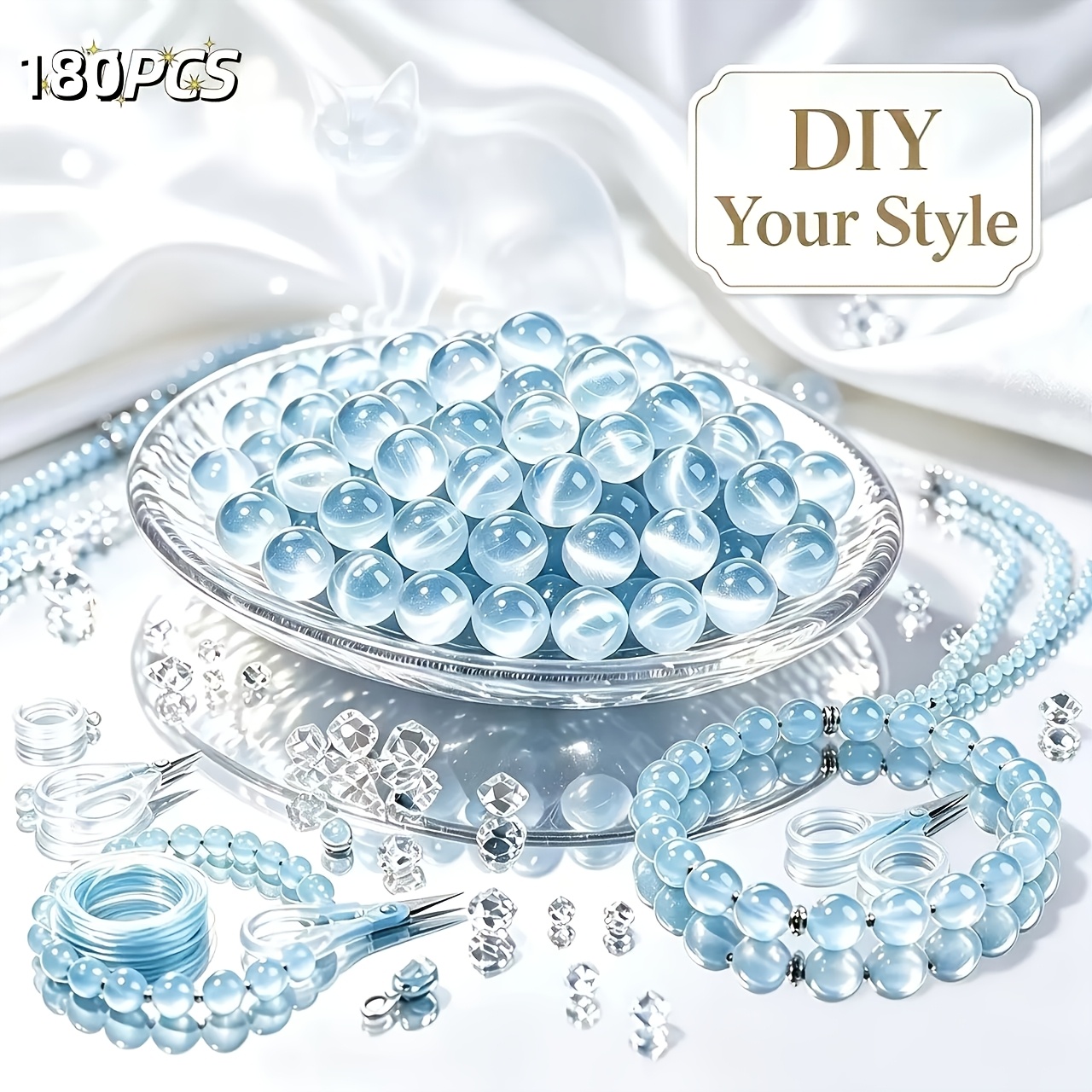 TEMU 180 piezas de cuentas decorativas de cristal azul hielo, suministros para hacer joyas DIY, abalorios DIY, manualidades hechas a , accesorios