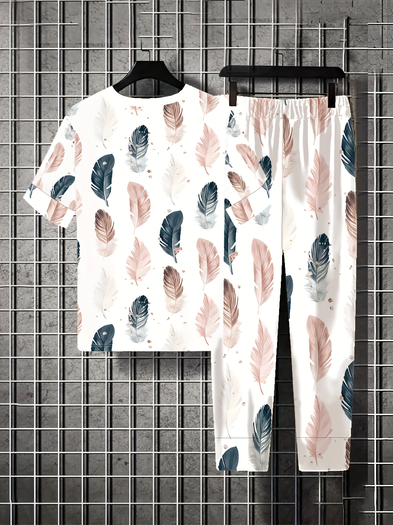 Fashion Pink Leaf Digital Ethnic Style Short Sleeve Long Pants Women's Casual Set