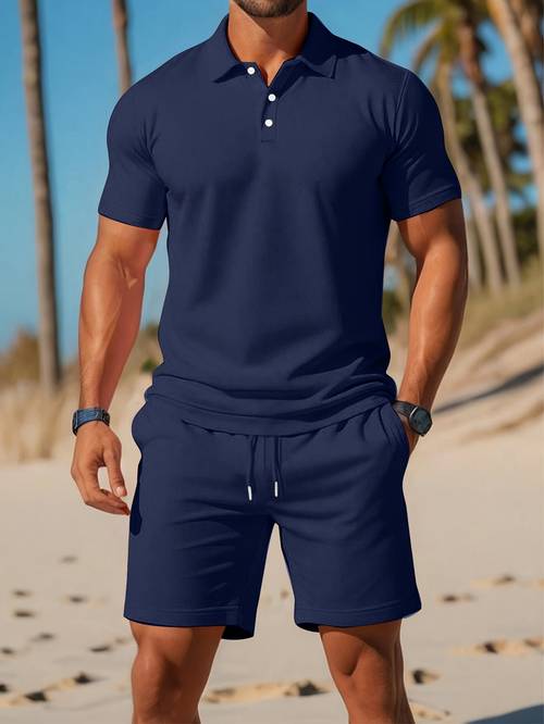 herren-set in einfarbigem kurzarmshirt mit kordelzug-shorts, business-freizeit-t-shirt shorts für den sommer, für die tägliche freizeit den urlaub
