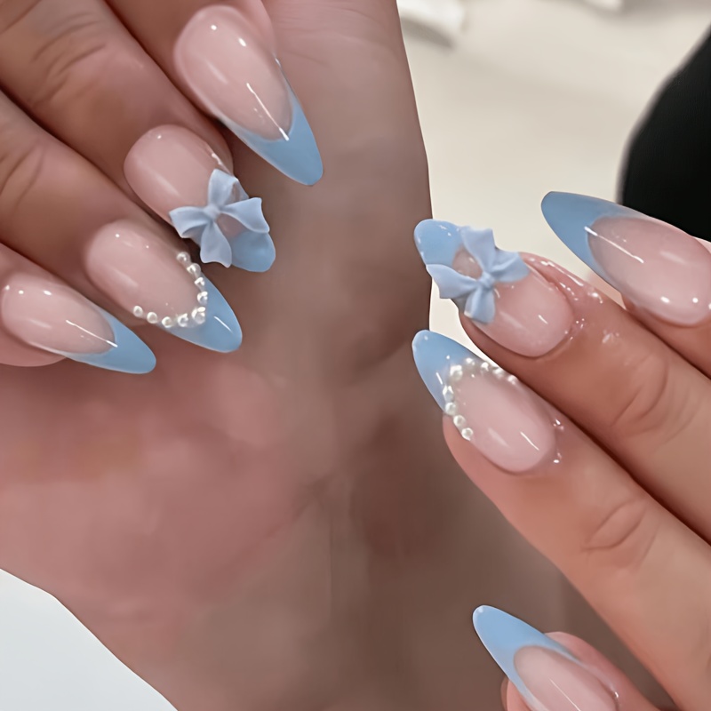 TEMU 24 uñas postizas medianas con forma de , francés azul , perlas, 3D, placas de uñas desmontables, uñas falsas, pegamento de gelatina , lima de