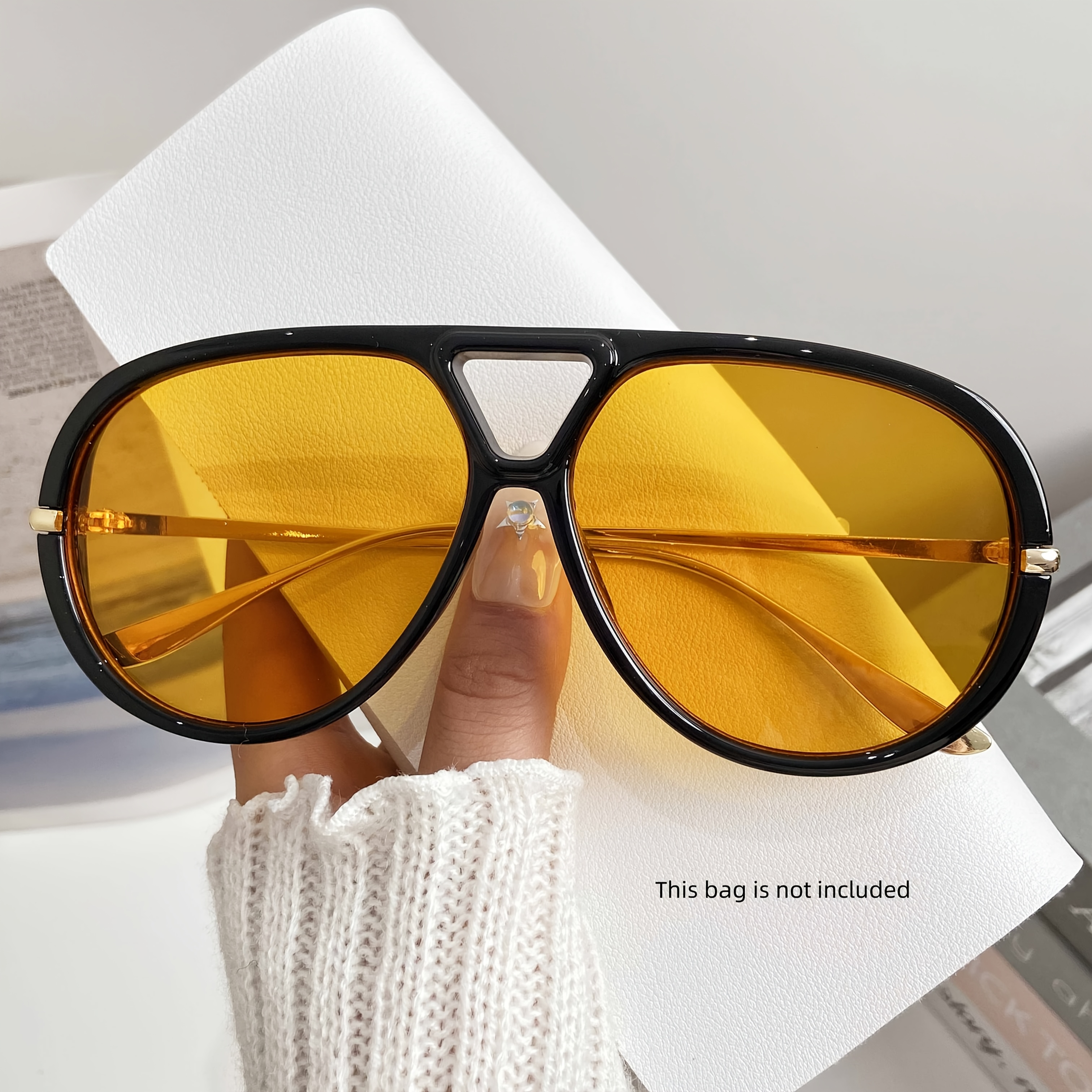 vintage oversized double bridge glasses golden lenses - Temu display picture 1