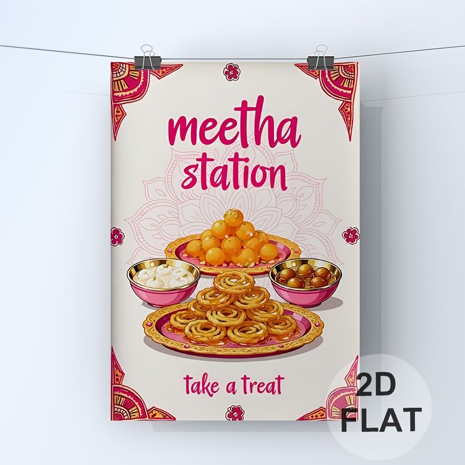 TEMU 2d Flat, 2d Flat Vintage Canvas Prints Poster Frameless, X Pink Mehndi Decor Dholki Wedding Chudiyan Bangle Bar Henna Station Jhumka Chai Chaat