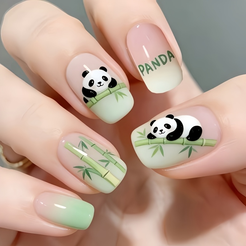TEMU 24pcs Autocollants Mignons pour Nail Art sur le Thème Panda en Bambou, Autocollants d'Ongles Dégradés Rose Carrés Moyens, Faux Ongles à Presser