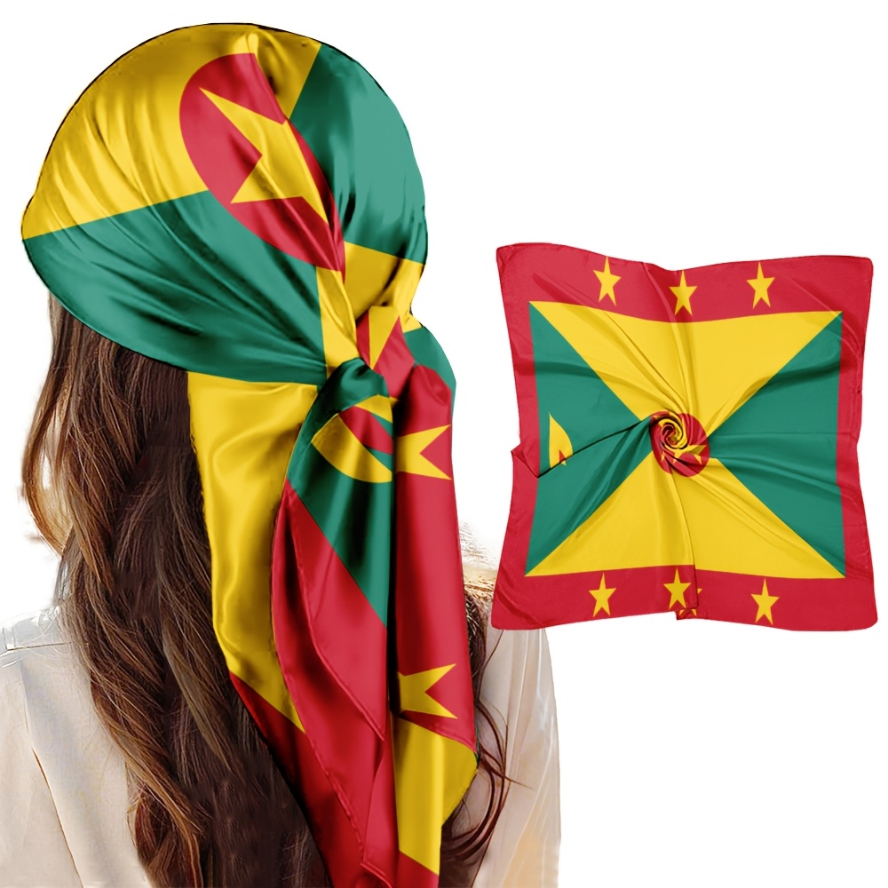 TEMU 1pc Headscarf, Grenada Flag Pattern Printed Square Scarf, Casual Outdoor Headscarf, Lightweight And Breathable Sunshade Shawl, Breathable Square