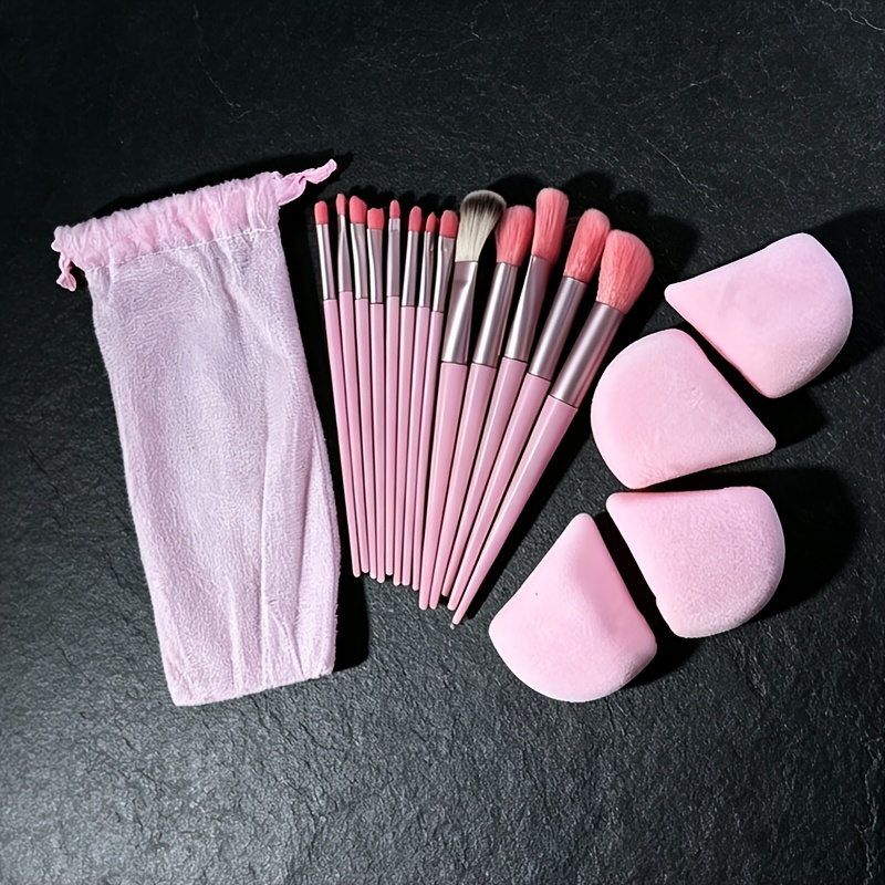 TEMU 17pcs Professional Makeup Brush Set, Including 13 Pink Makeup Brushes And 4 Triangular Sponge Applicators. Soft Nylon Bristles, Suitable For Eye