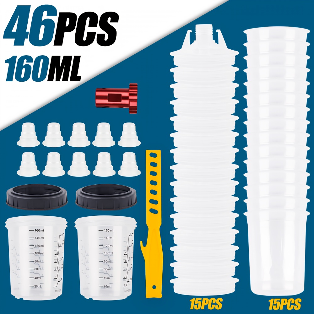 46pcs/Set 160Ml Disposable Replaceable Spray Gun Inner Cup And Filter Cover System, Spray Gun Disposable Pot Set, Disposable Paint Mixing Cup, Including M14*1.0 Adapter, 2pcs of Outer Cups with Scale, 15pcs of Inner Cups And Covers, Suitable for Car Spray Painting.