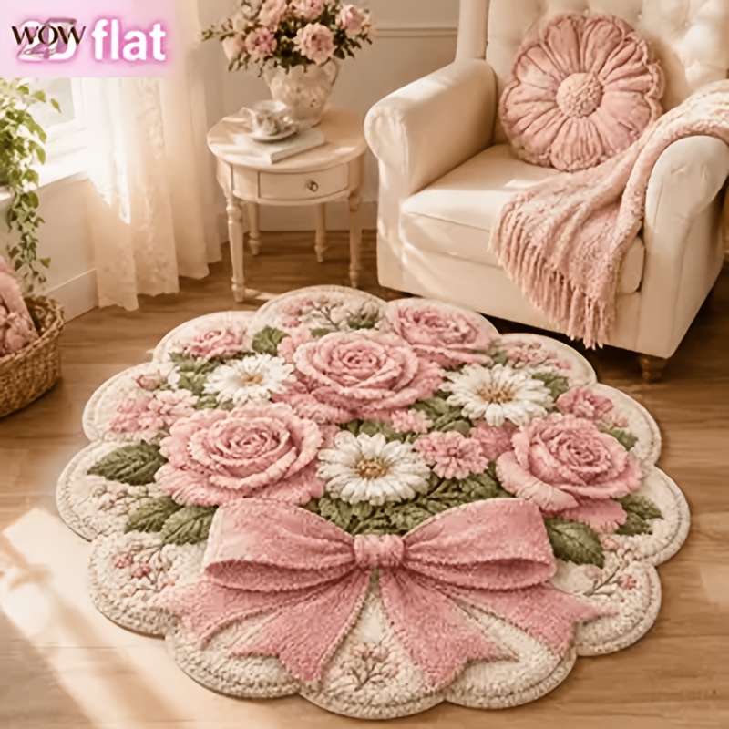 TEMU 1pc Pink Rose & Daisy Wavy Rug Suitable For Bedroom/living Room, Hand-cut Irregular Shaped Carpet With Wavy, Machine Washable Small, Suitable