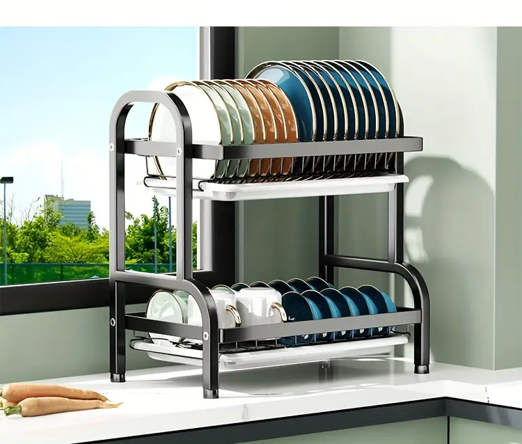 dish drying rack 2 tier large dish drying rack for kitchen counter with dish drainer for dish knifes cup cutting board black Product details 5