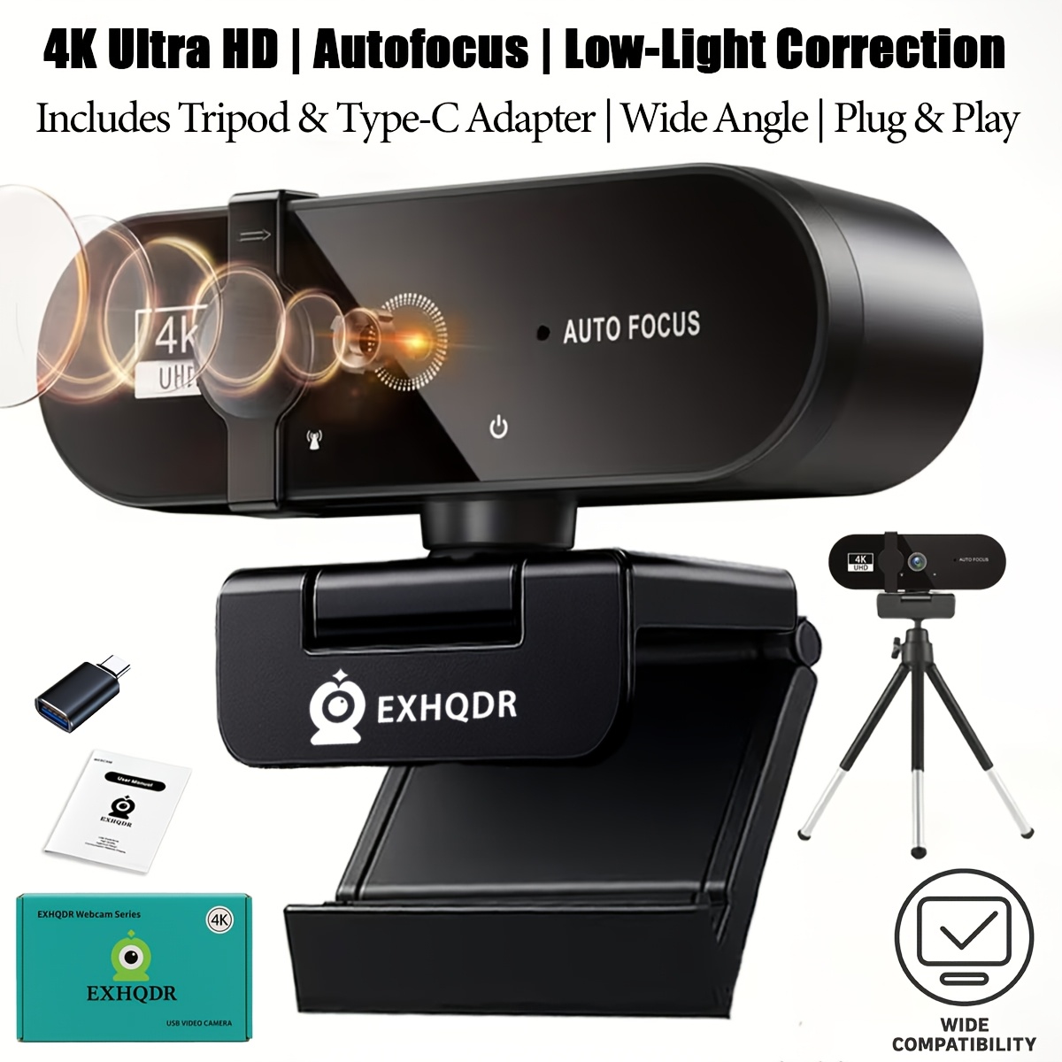 photo de l'article   webcam usb  /1080p fhd, caméra 8mp avec   (4k) /     (1080p), cache de confidentialité, trépied & adaptateur usb-c,   pour pc, ordinateur portable, zoom, teams, streaming, appels vidéo & cours en ligne