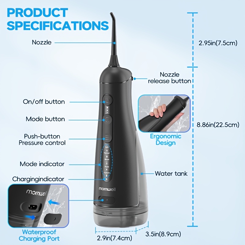 Mornwell F42 Portable 300ml Oral Irrigator with 5 Replacement Heads