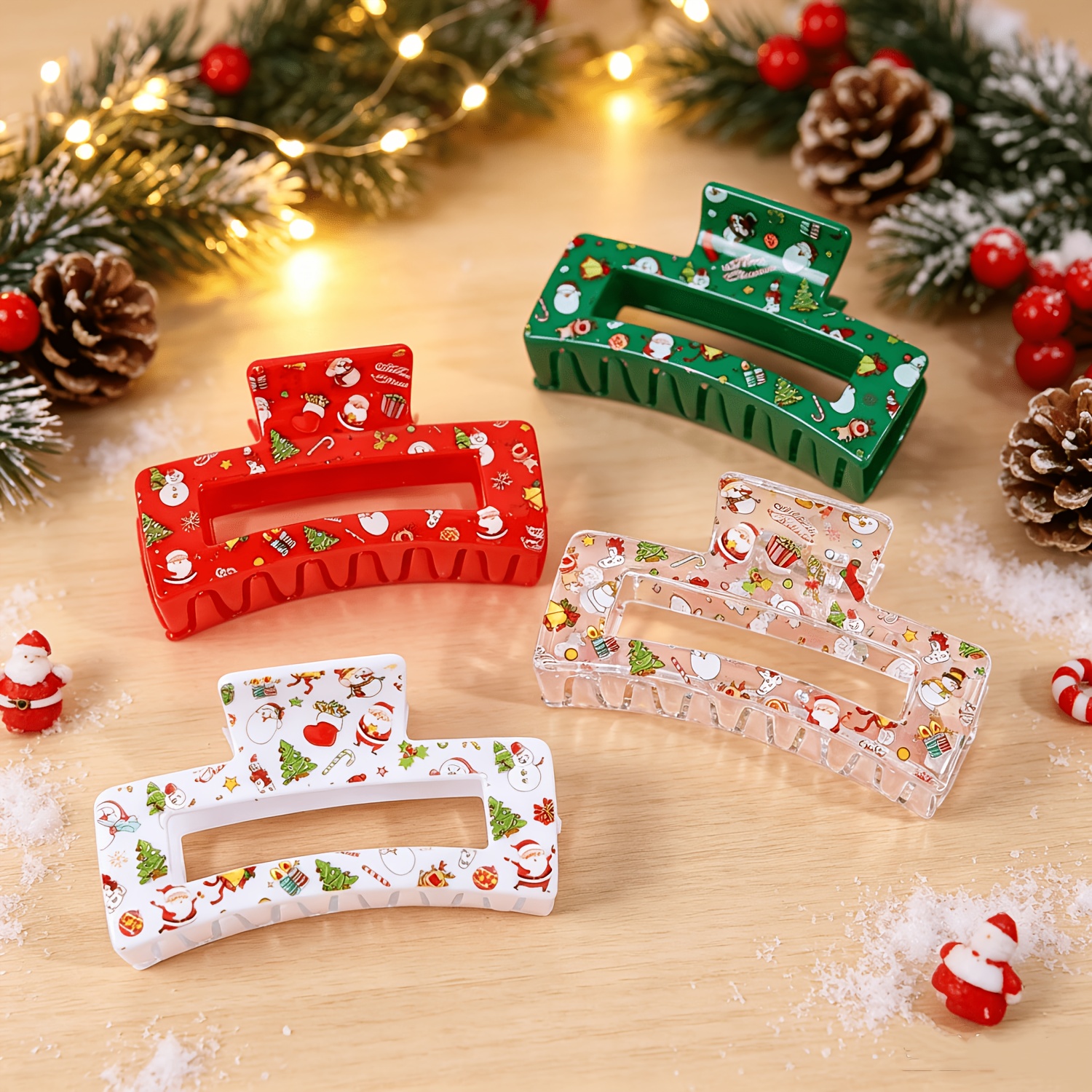 TEMU 4pcs Christmas Cartoon Printed Hair Clips Santa Claus Snowman Rectangular Hollow Shark Clips Women's Back Of Head Updo Headband Holiday Party