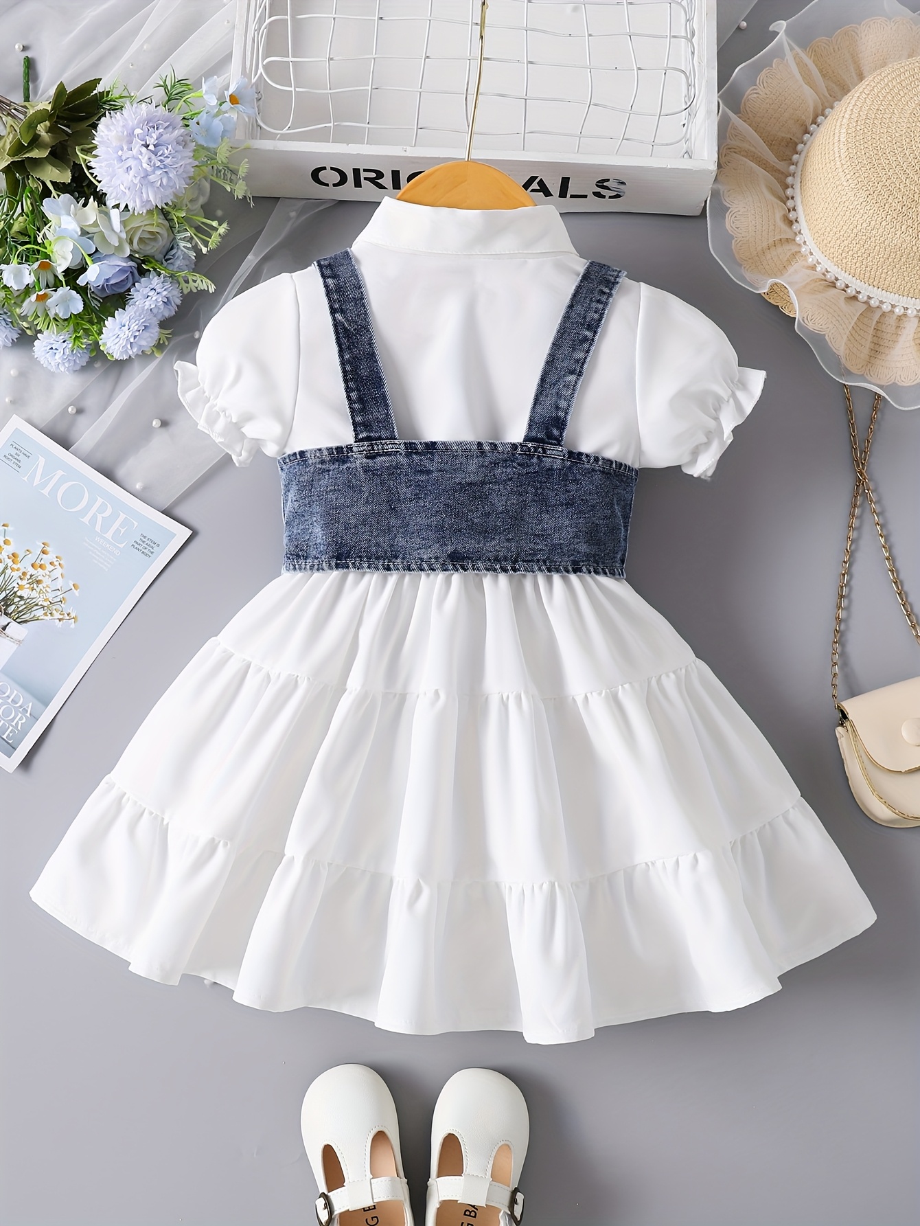 Girls' White Puff Sleeve Dress Paired with a Vest Two-Piece Set P101325
