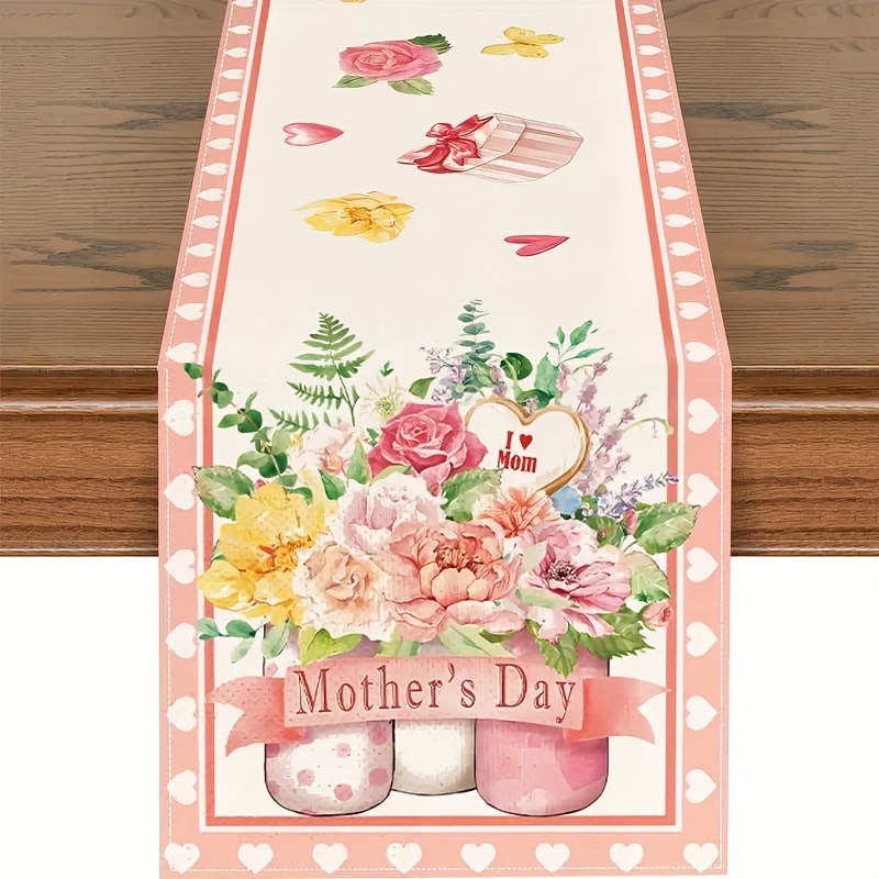 

1pc, Table Runner, 3 Glass Mason Jar Happy Mother's Day Table Runner, Love Mom Theme Floral Heart Pattern Table Runner For Dining Table, Room Decor, Dining Table Decor