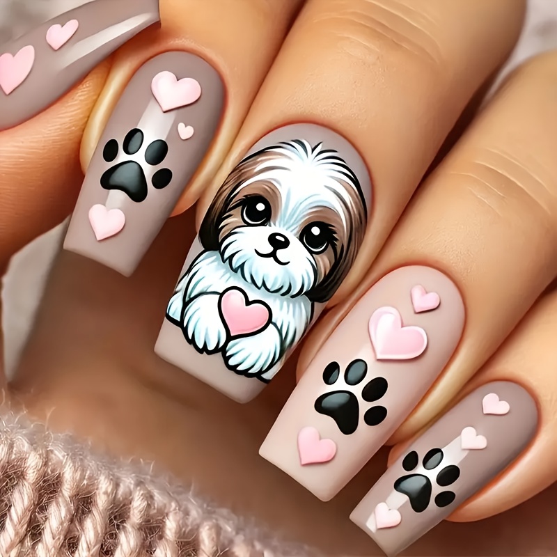 TEMU 24pcs Cute Cartoon Dog Heart And Square Nail Stickers With Jelly Glue & Cuticle File