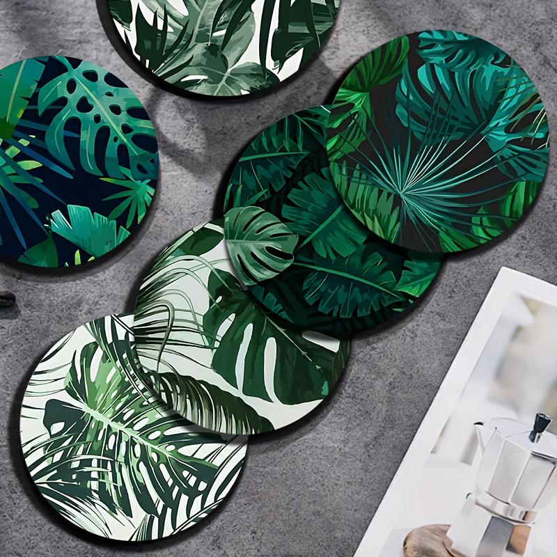 

6-piece Tropical Leaf Design Wooden Coasters Set - Insulated, Non-slip, Heat-resistant Table Mats For Home, Office & Themed Parties Gifts