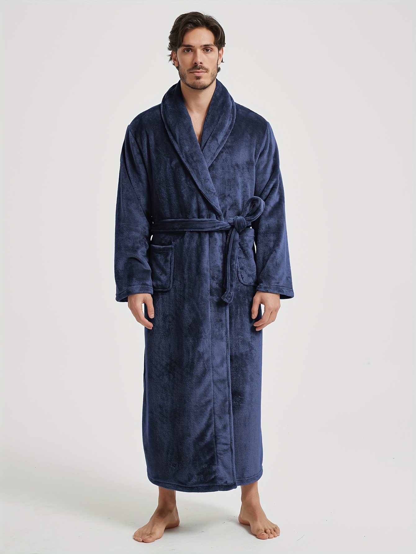 mens plush fleece robe cozy v neck bath gown with adjustable belt large pockets machine washable thick warm flannel for fall   relaxation bathrobe autumn winter wear soft texture navy blue 0